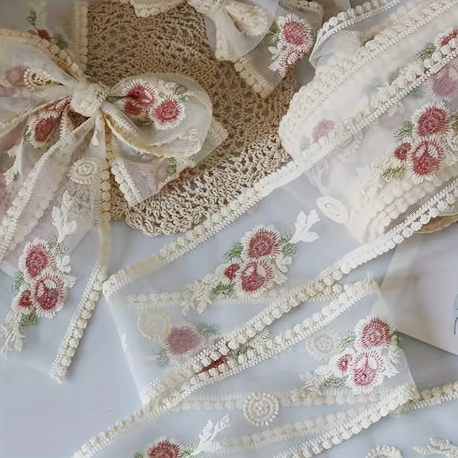 2 meters Pink Floral Embroidered Lace Fabric with Beige Trim