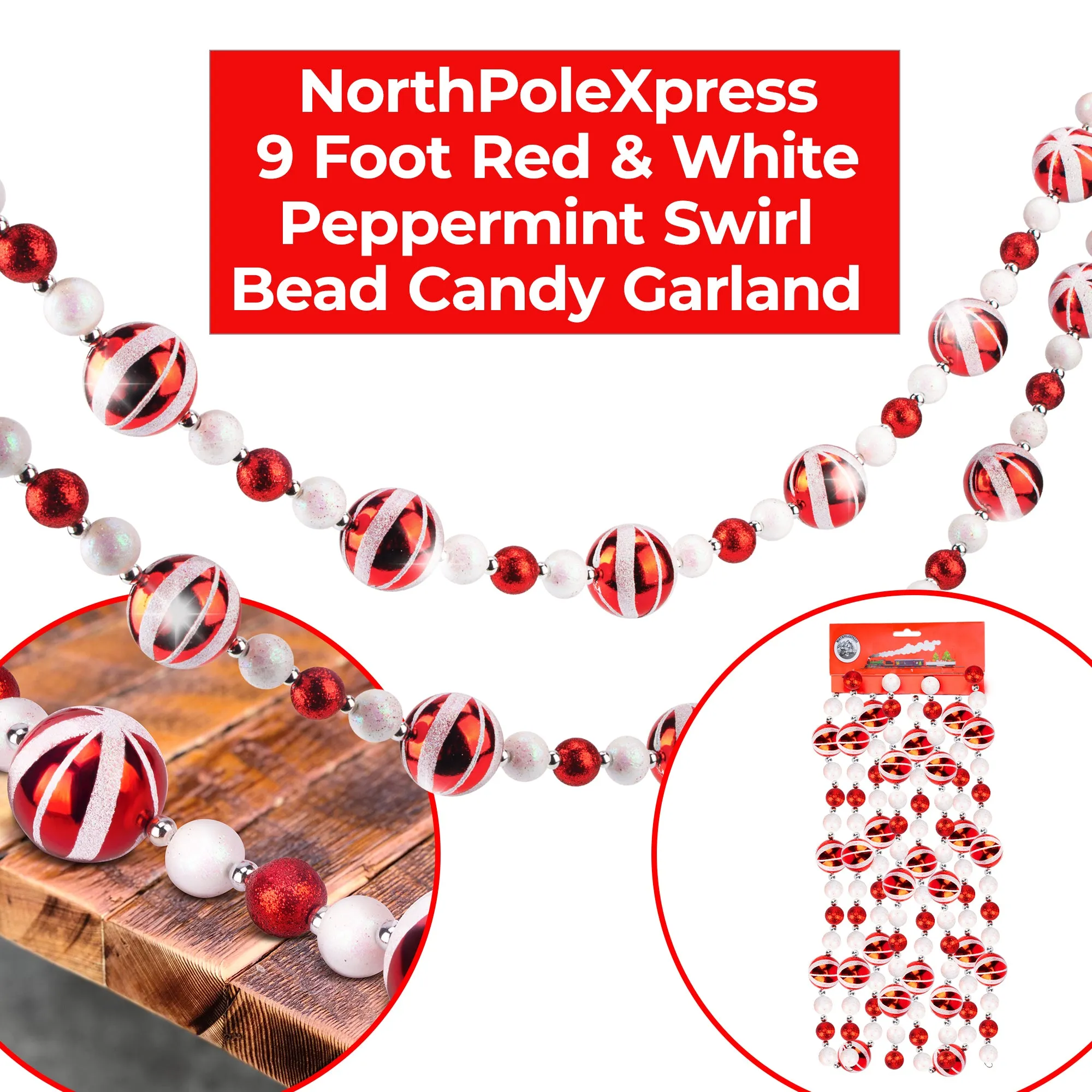 9 Foot Red & White Peppermint Swirl Bead Candy Christmas Garland