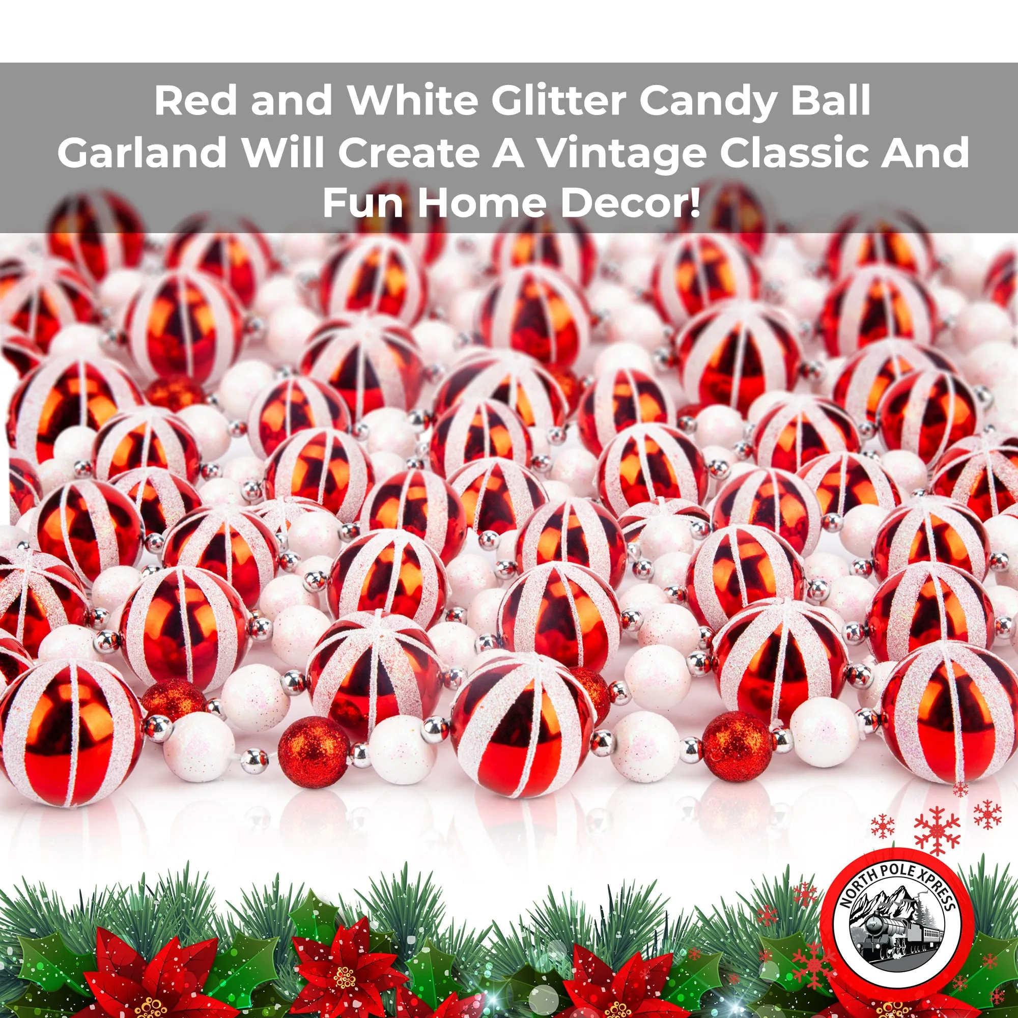 9 Foot Red & White Peppermint Swirl Bead Candy Christmas Garland