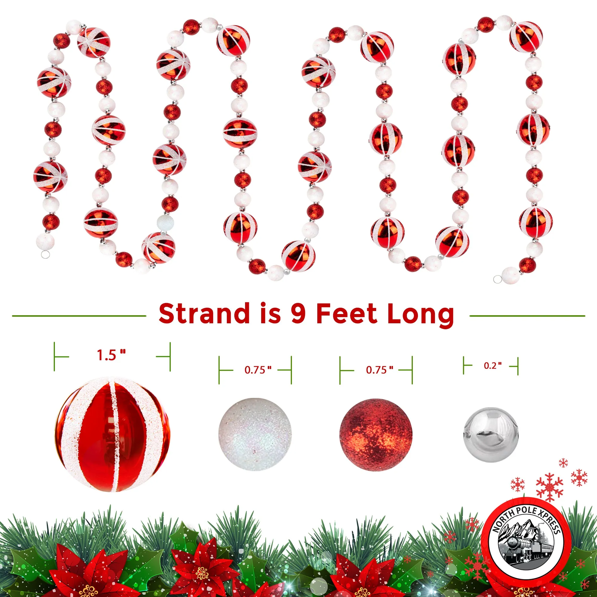 9 Foot Red & White Peppermint Swirl Bead Candy Christmas Garland