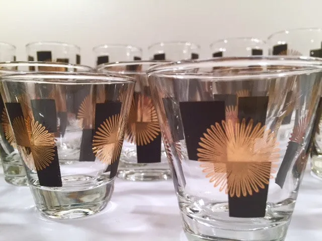 Anchor Hocking - Mid-Century Black Square with 22-Karat Gold Atomic Burst Bar Set  (Set of 24 Glasses)