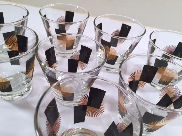 Anchor Hocking - Mid-Century Black Square with 22-Karat Gold Atomic Burst Bar Set  (Set of 24 Glasses)