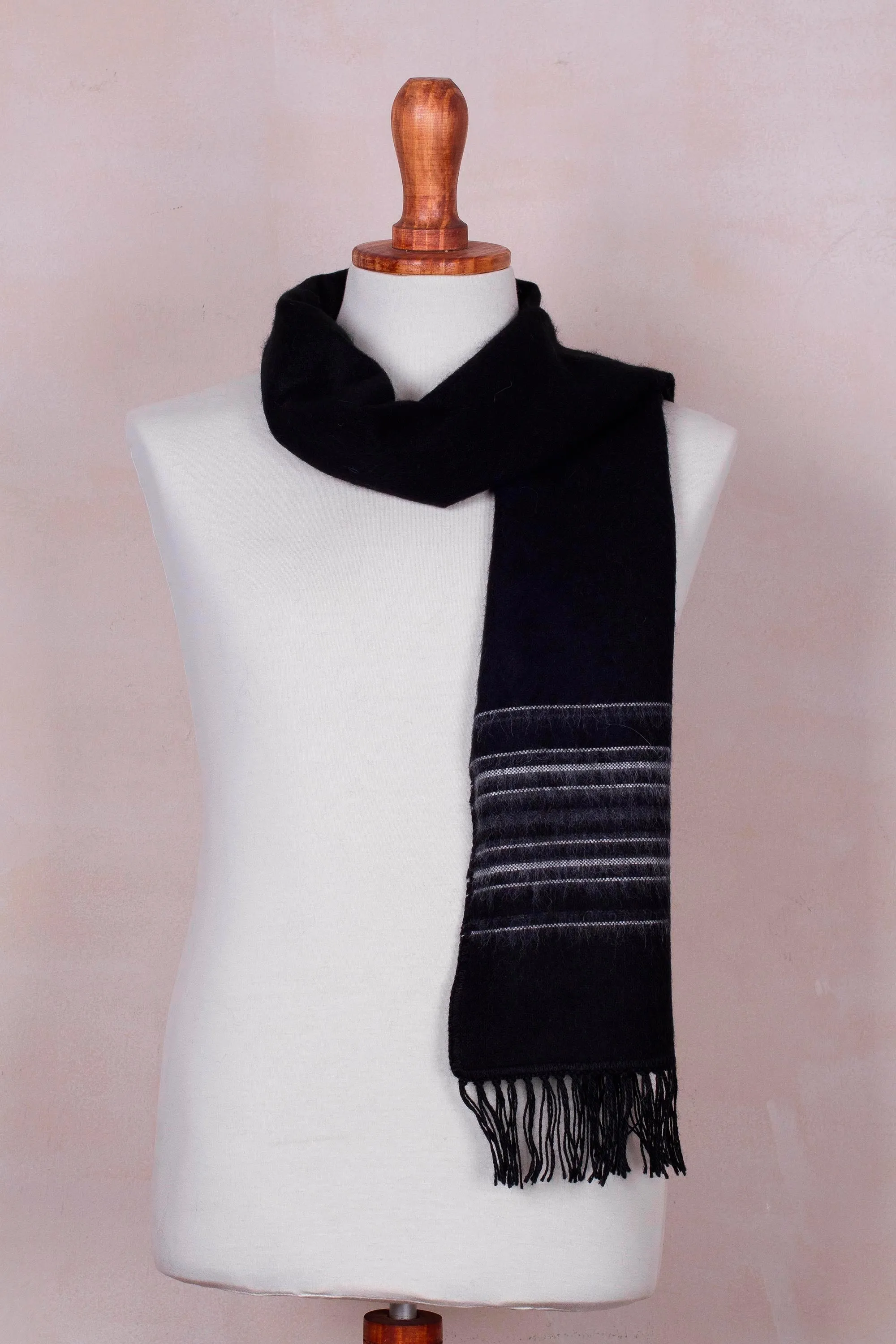 Andean Clouds in Black Artisan Crafted Woven Black Alpaca Blend Scarf for Men