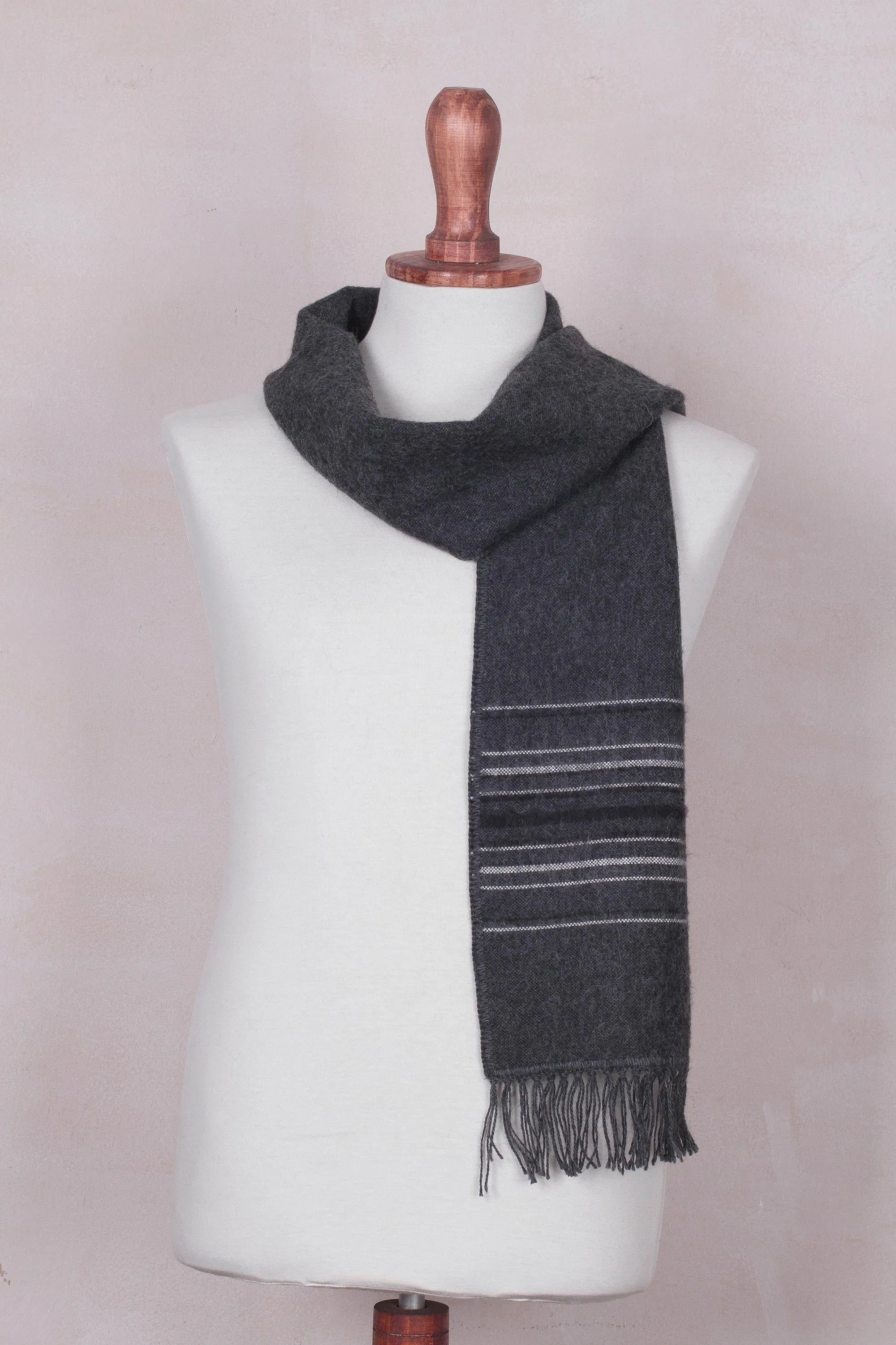 Andean Clouds in Charcoal Fair Trade Woven Dark Gray Alpaca Blend Scarf for Men