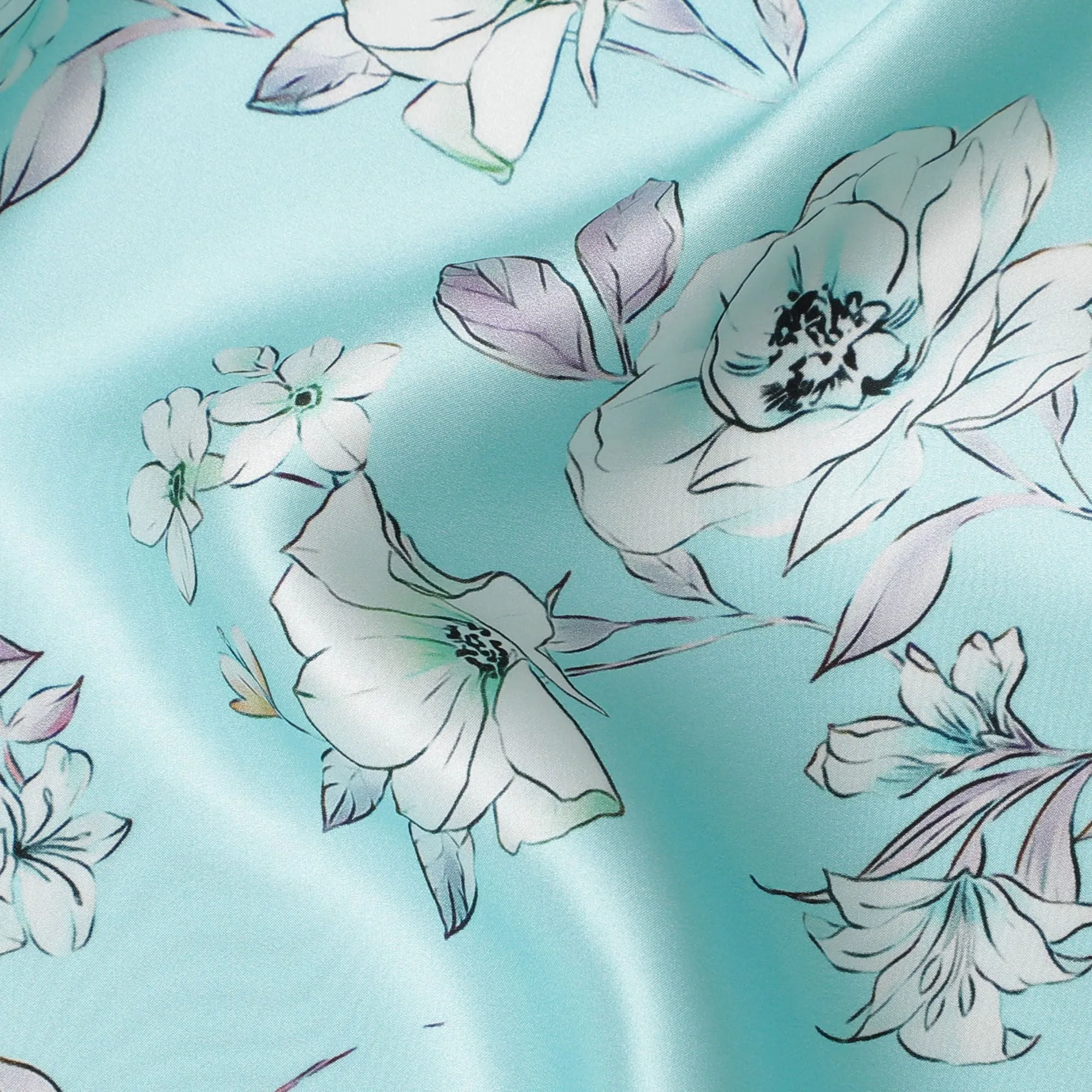 Aqua Elegance Silk Satin Fabric - Italian Floral Print, 140cm Wide - Purchase Luxury Textiles Online-D18315