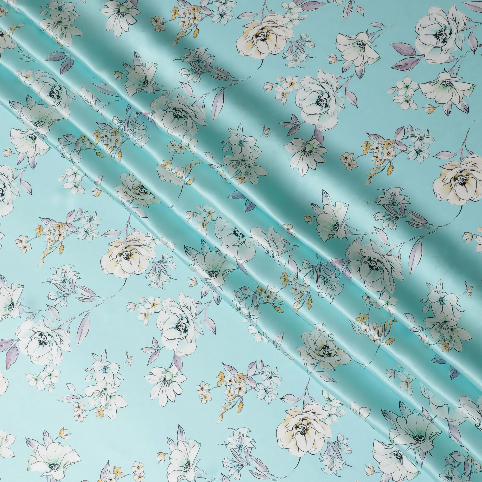 Aqua Elegance Silk Satin Fabric - Italian Floral Print, 140cm Wide - Purchase Luxury Textiles Online-D18315