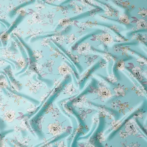 Aqua Elegance Silk Satin Fabric - Italian Floral Print, 140cm Wide - Purchase Luxury Textiles Online-D18315