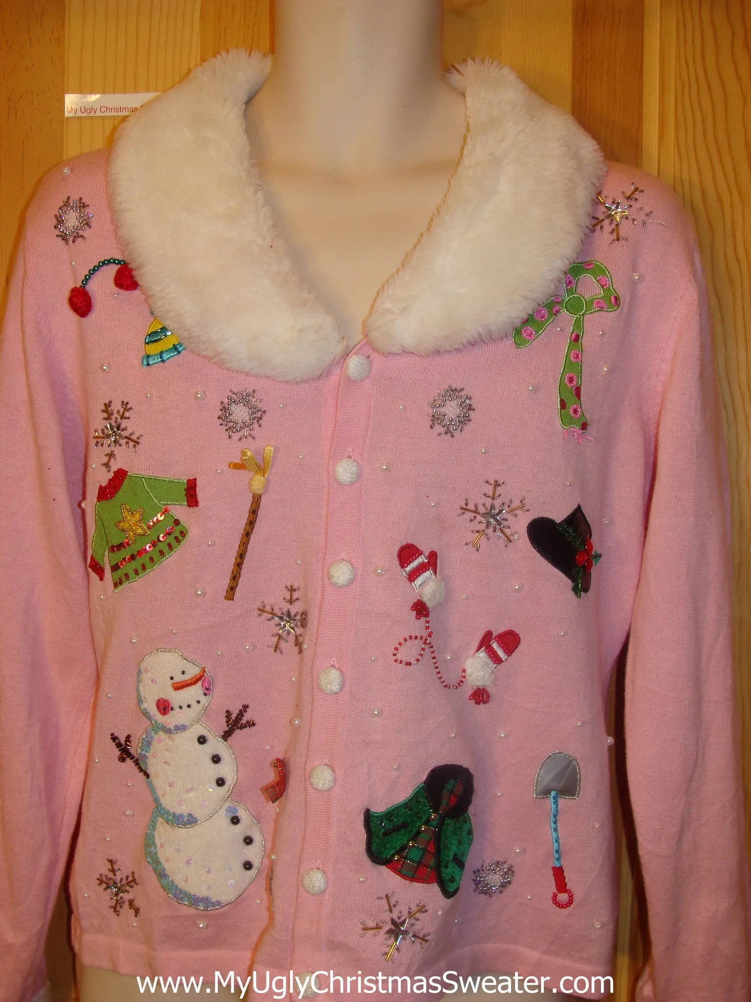 Best Pink Funny Christmas Sweater with Furry Collar and Bling