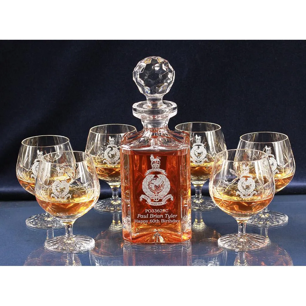 Brandy, Panel Style Crystal 7 Piece Decanter Hosting Set, Engraved & Boxed - H30e7