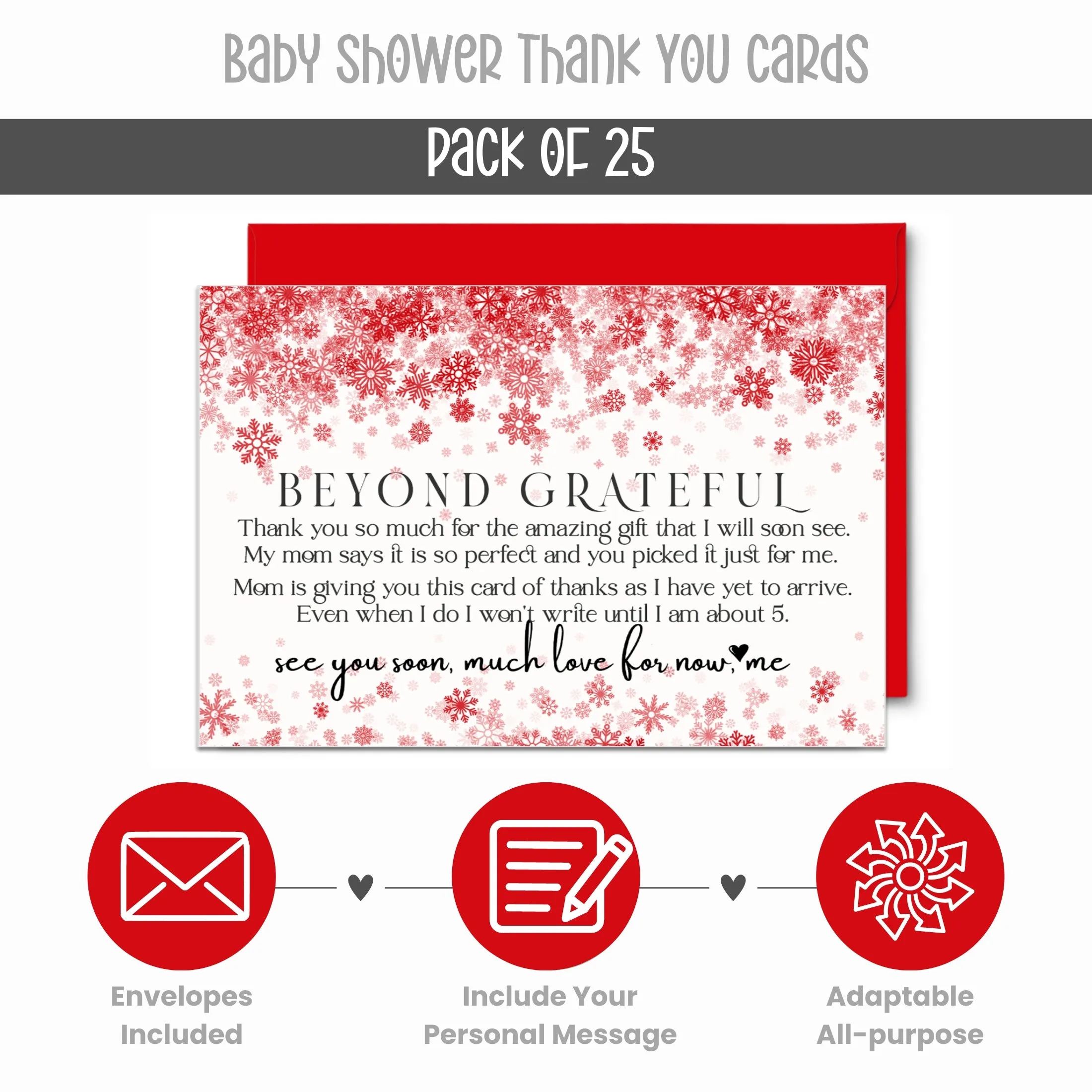 Christmas Baby Shower Thank You Cards – Red Notecards with Envelopes (Pack of 25)