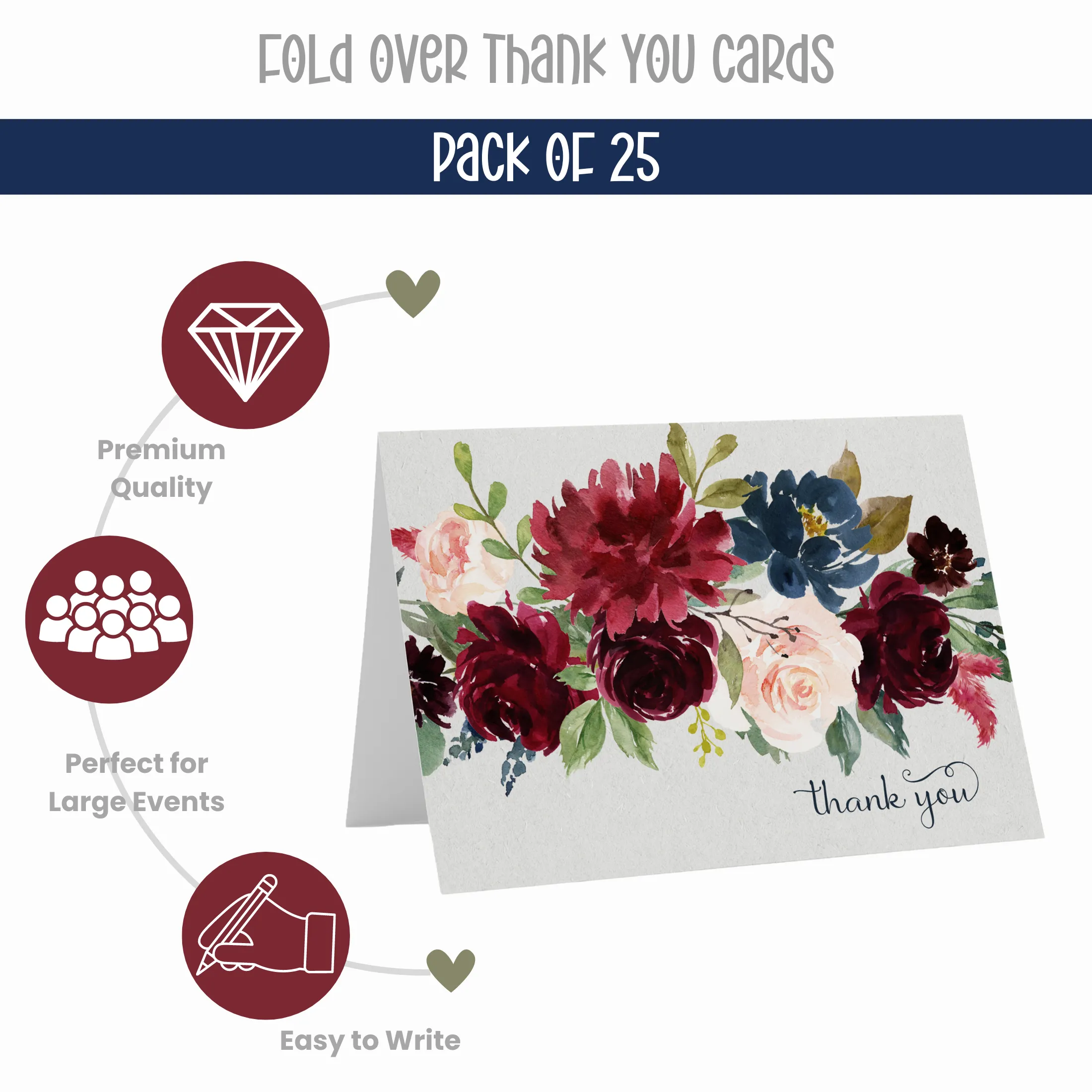 Indigo Floral Rustic Thank You Cards - 25-Pack Notecards with Envelopes for All Occasions