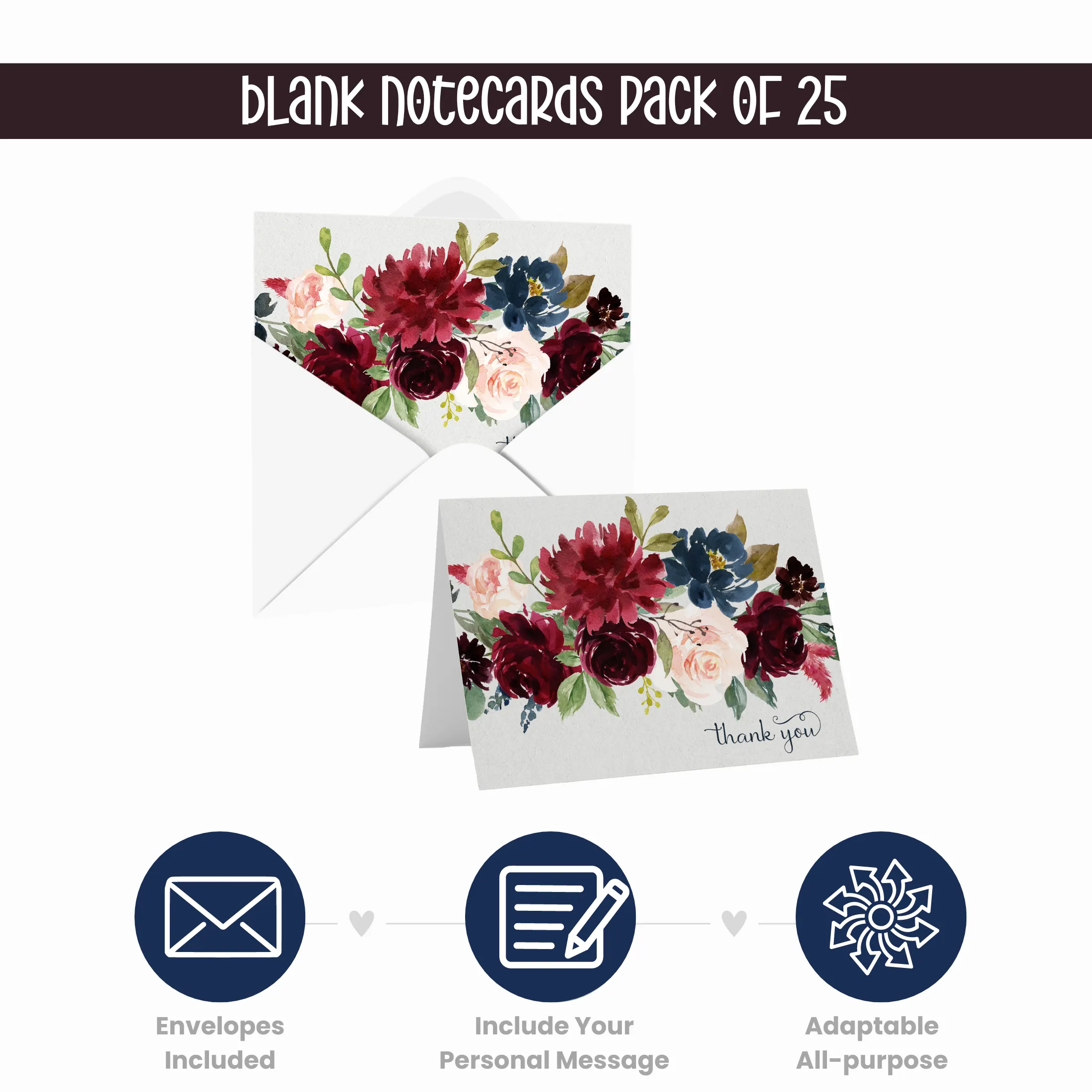 Indigo Floral Rustic Thank You Cards - 25-Pack Notecards with Envelopes for All Occasions