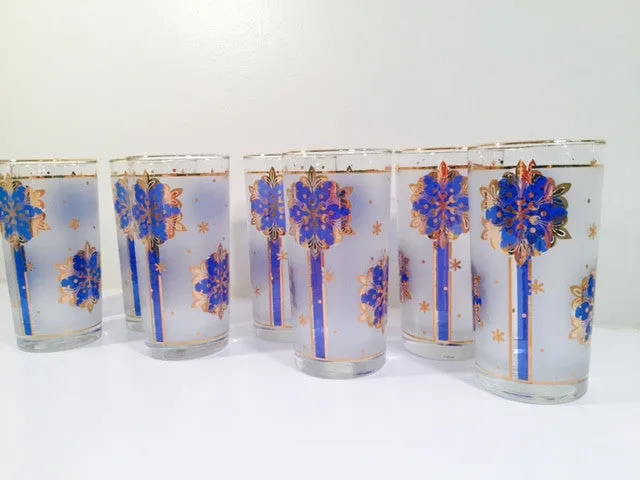 Libbey - Blue and 22-Karat Gold Frosted Star/Snowflake Glasses (Set of 8)