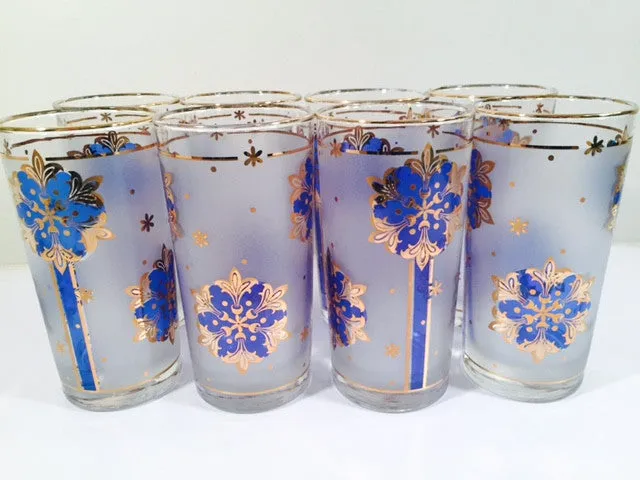 Libbey - Blue and 22-Karat Gold Frosted Star/Snowflake Glasses (Set of 8)