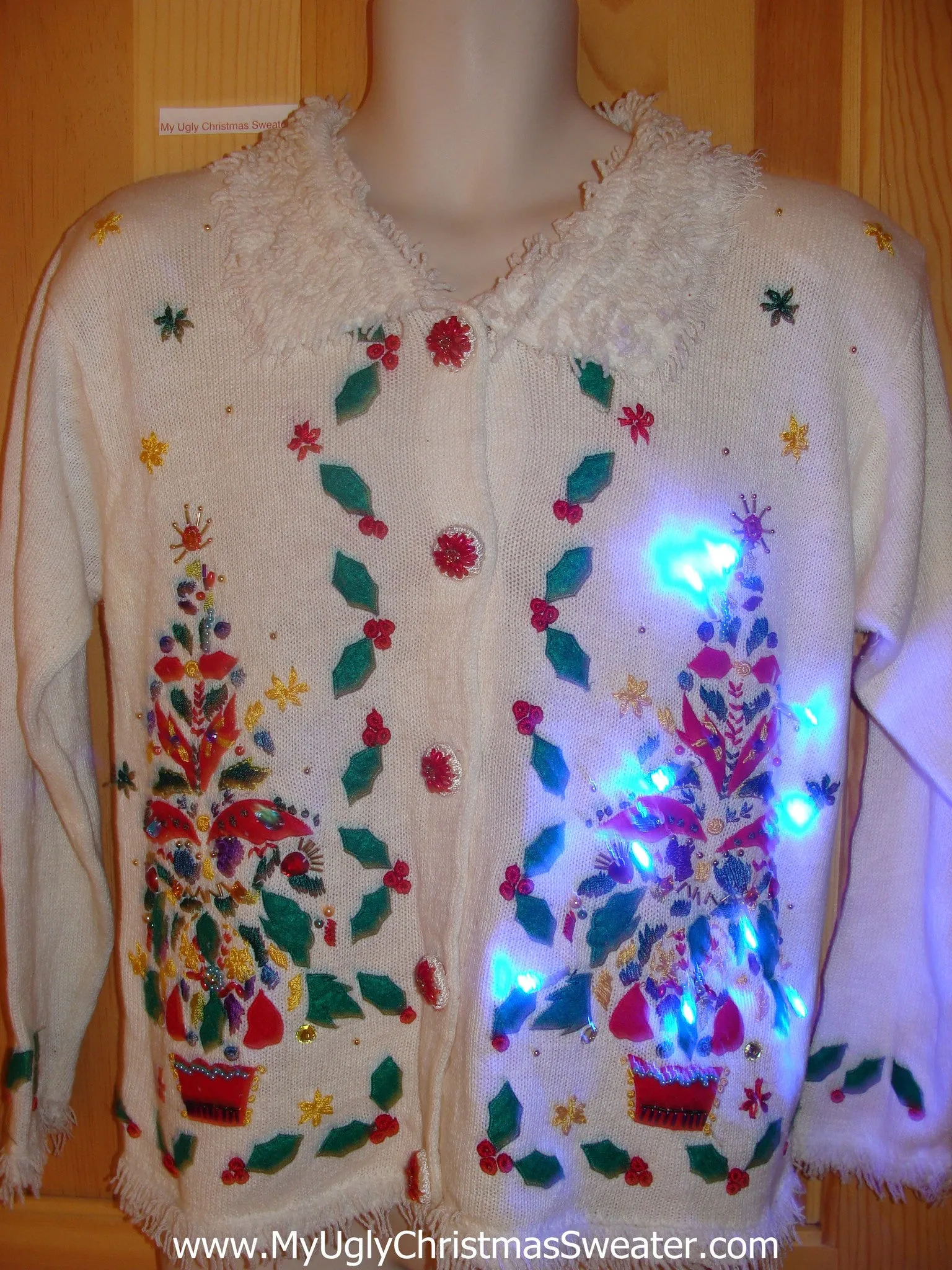 Light Up Ugly Xmas Sweater 80s Trees Bling Beads Furry Collar