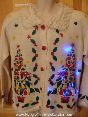 Light Up Ugly Xmas Sweater 80s Trees Bling Beads Furry Collar