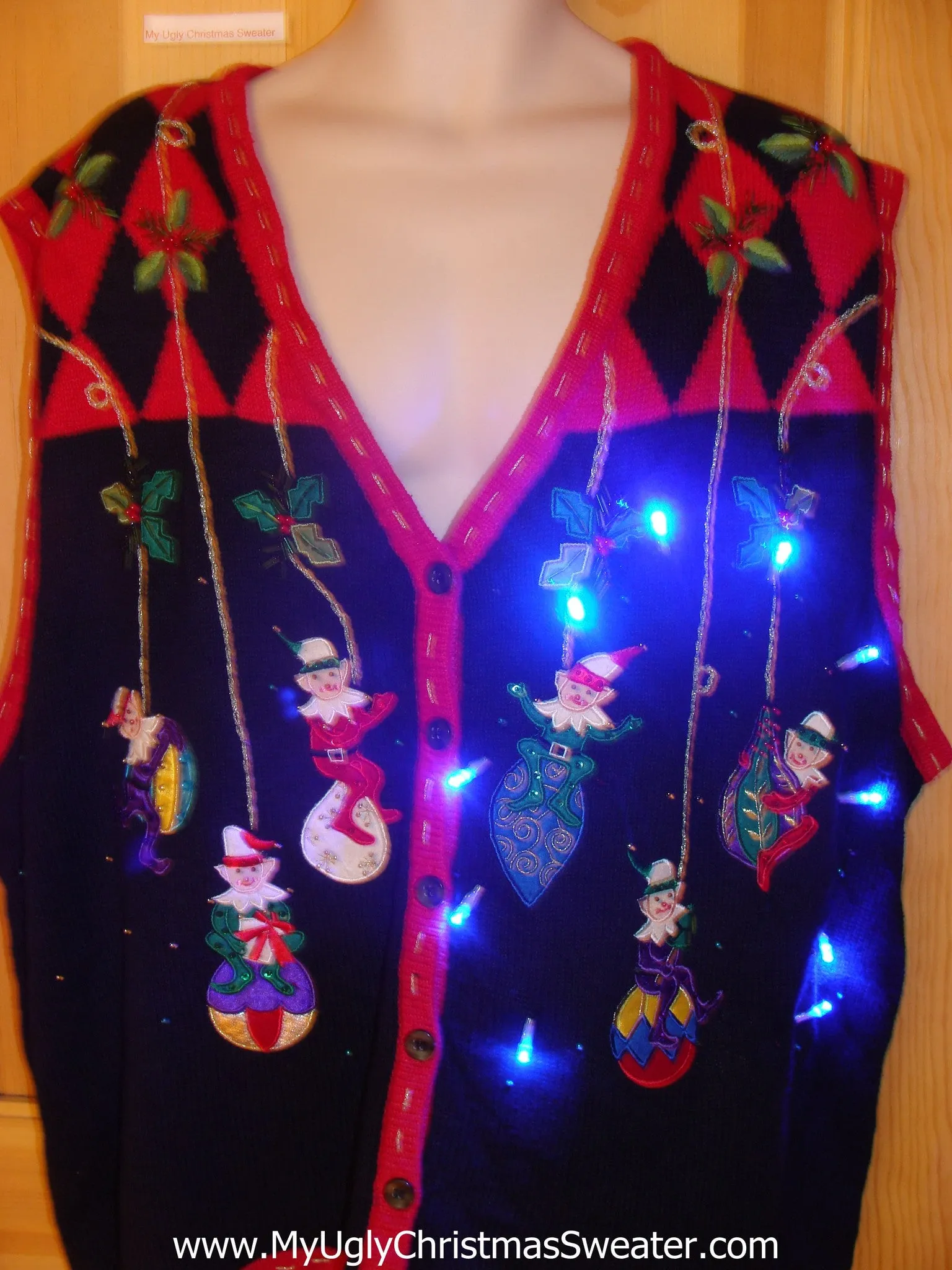 Light Up Ugly Xmas Sweater Vest Ivy Elf Womens Mens XXXL or 4XL