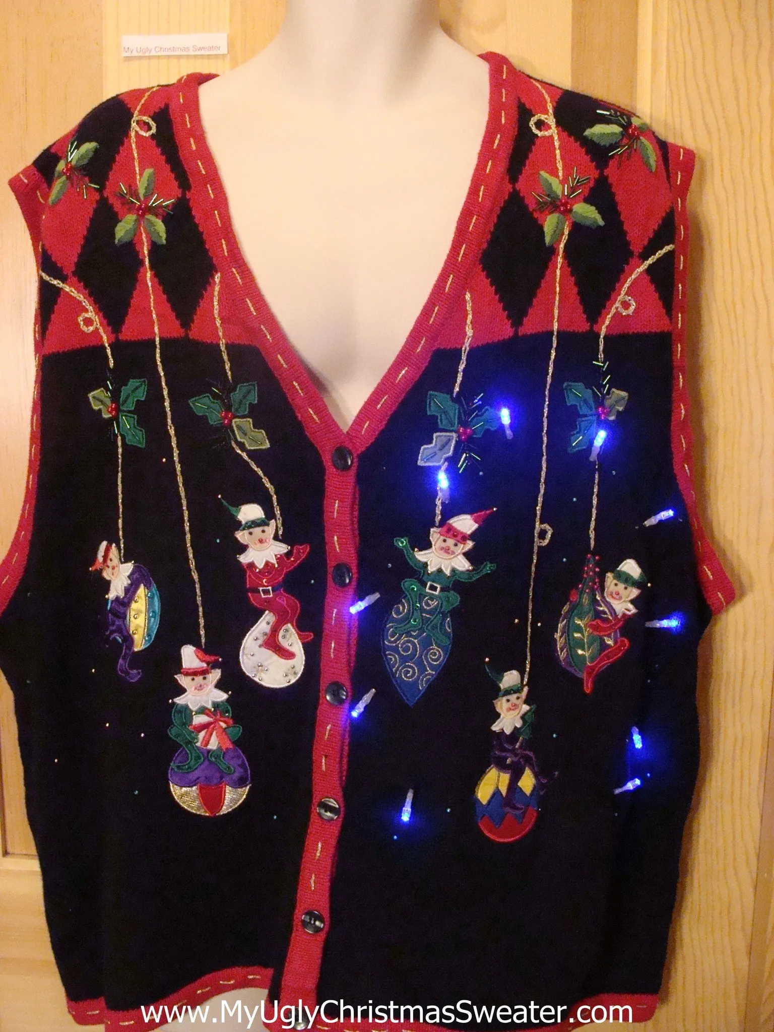 Light Up Ugly Xmas Sweater Vest Ivy Elf Womens Mens XXXL or 4XL