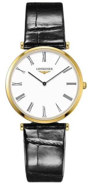 Longines La Grand Classique Yellow Gold PVD White Dial Black Leather Strap Quartz Womens Watch L4.709.2.21.2