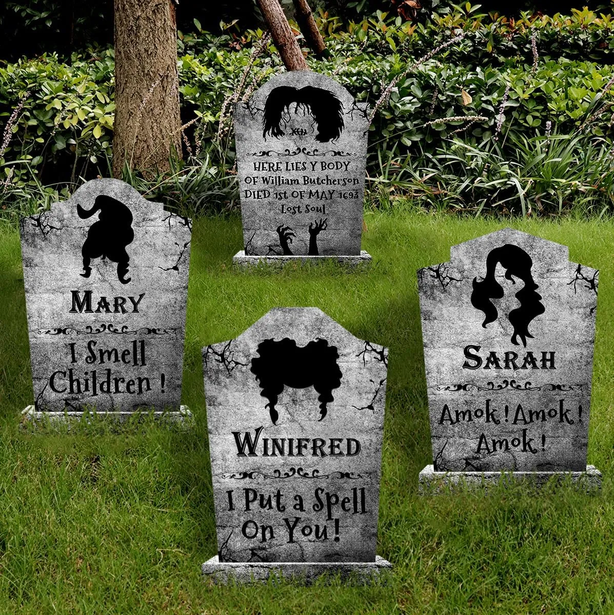 Outdoor Halloween Decorations, 4ct Large Hocus Pocus Witches Tombstones, Gravestone Decor Yard Signs with Stakes, 16" Tall Realistic Scary Graveyard Headstone