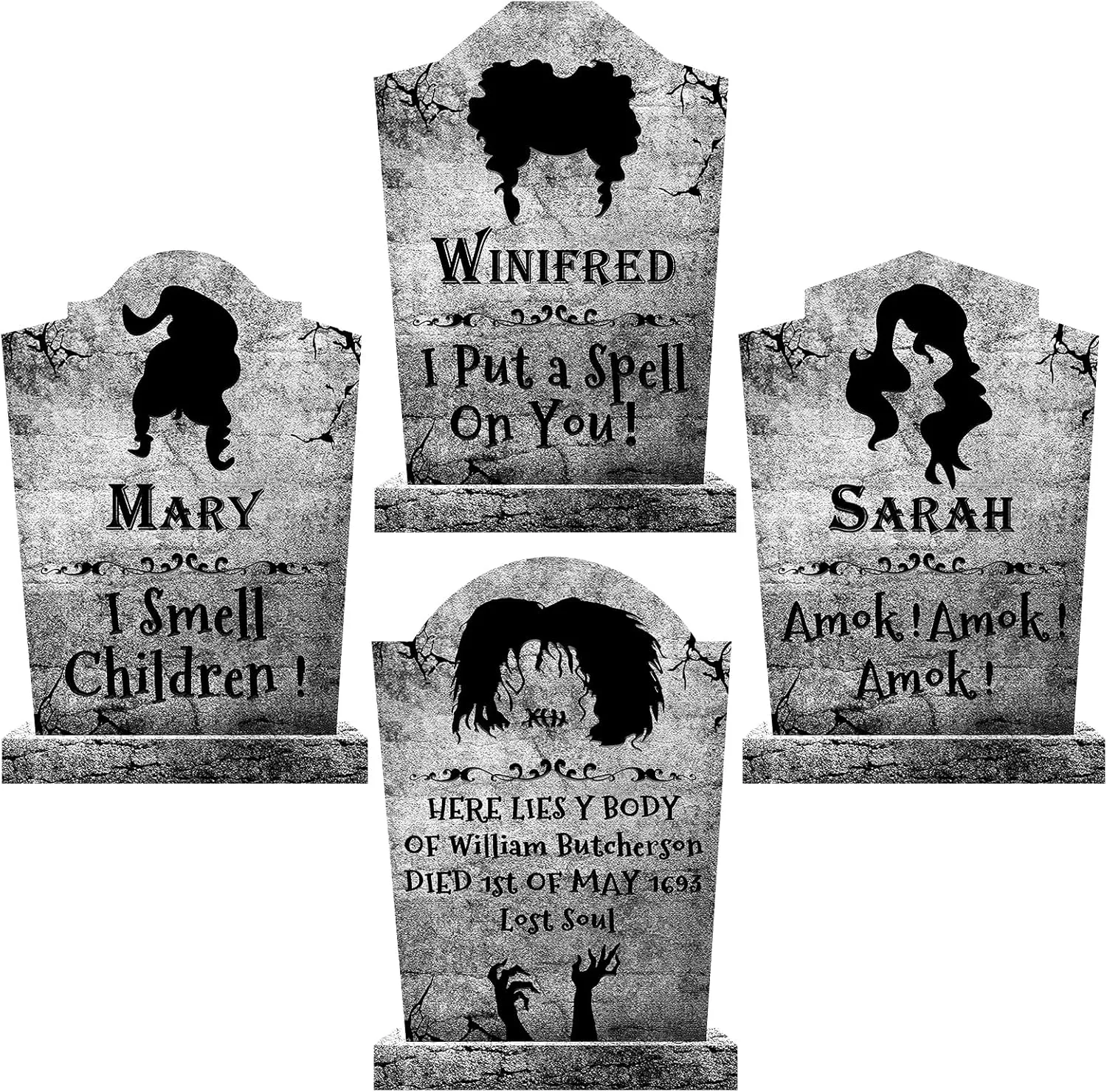 Outdoor Halloween Decorations, 4ct Large Hocus Pocus Witches Tombstones, Gravestone Decor Yard Signs with Stakes, 16" Tall Realistic Scary Graveyard Headstone