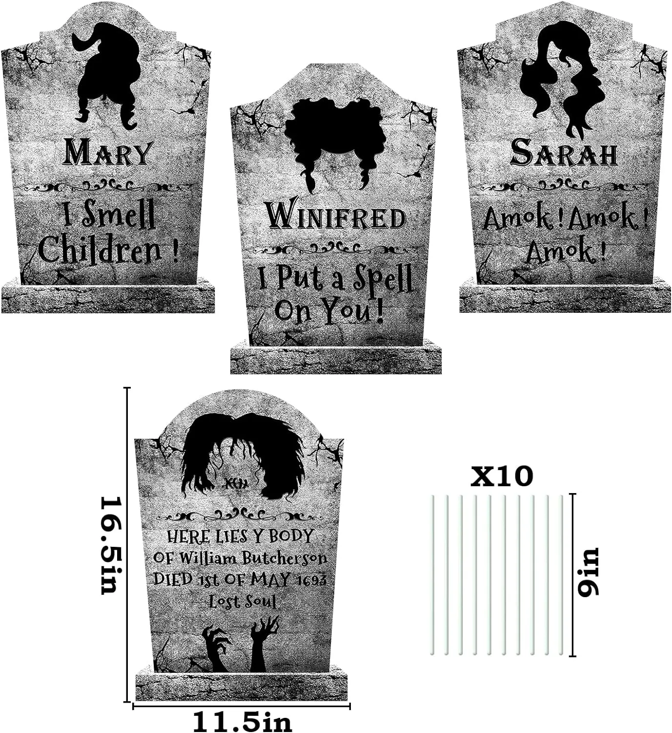 Outdoor Halloween Decorations, 4ct Large Hocus Pocus Witches Tombstones, Gravestone Decor Yard Signs with Stakes, 16" Tall Realistic Scary Graveyard Headstone