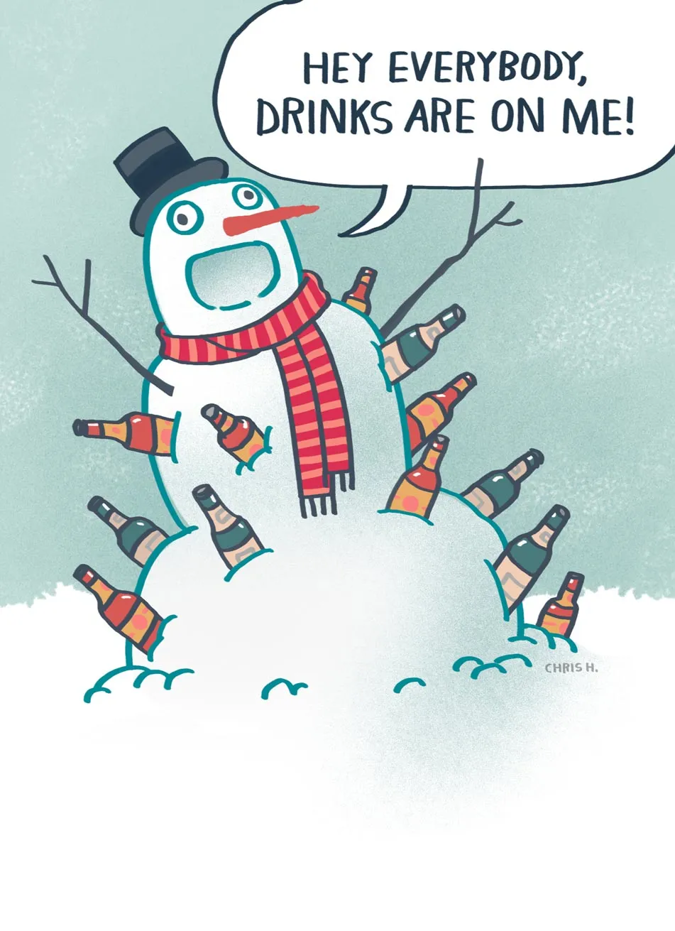 Personalised Christmas Card - Funny Snowman With Drinks