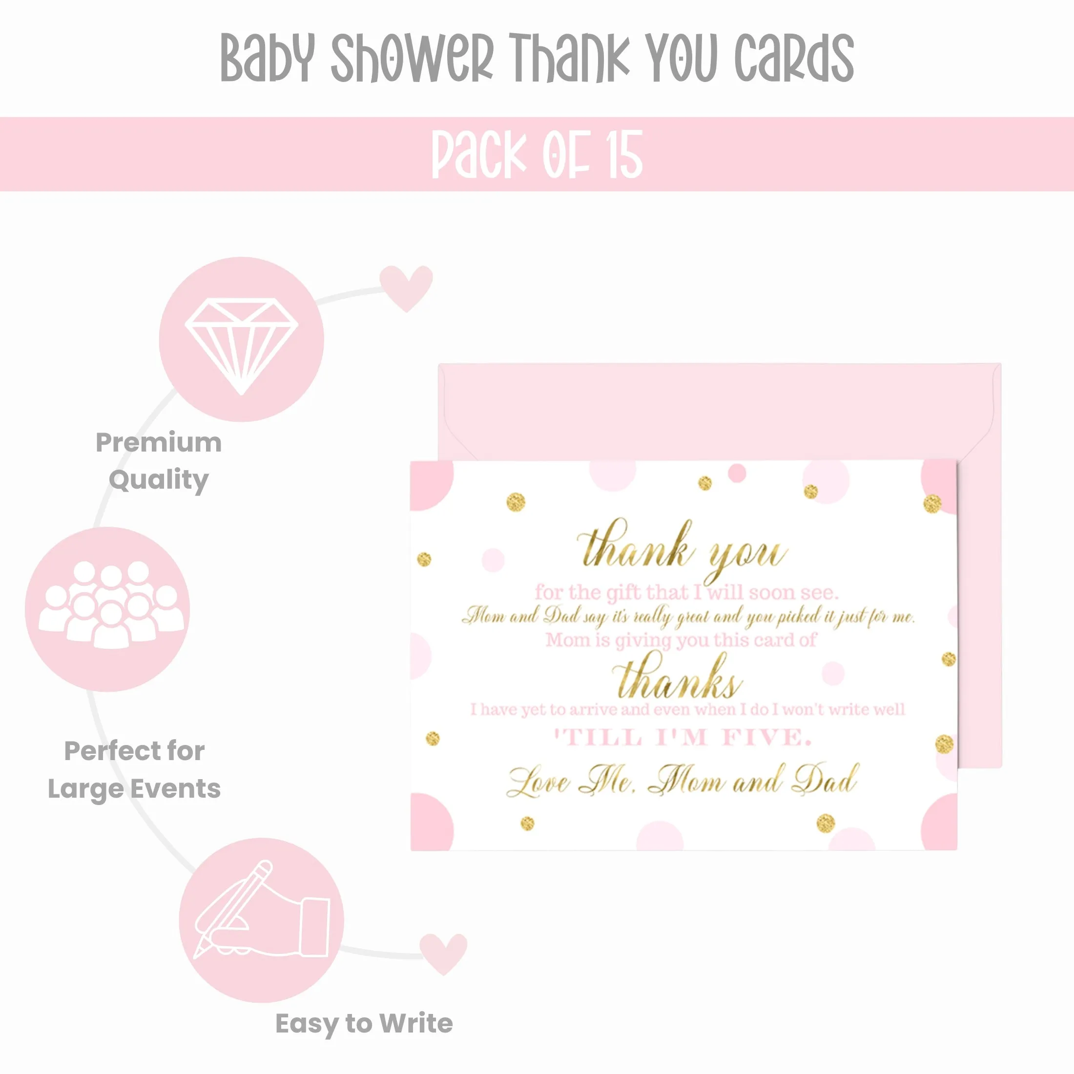 Pink and Gold Girls Baby Shower Thank You Cards - 15 Pack Luxurious Notecards, 4x6