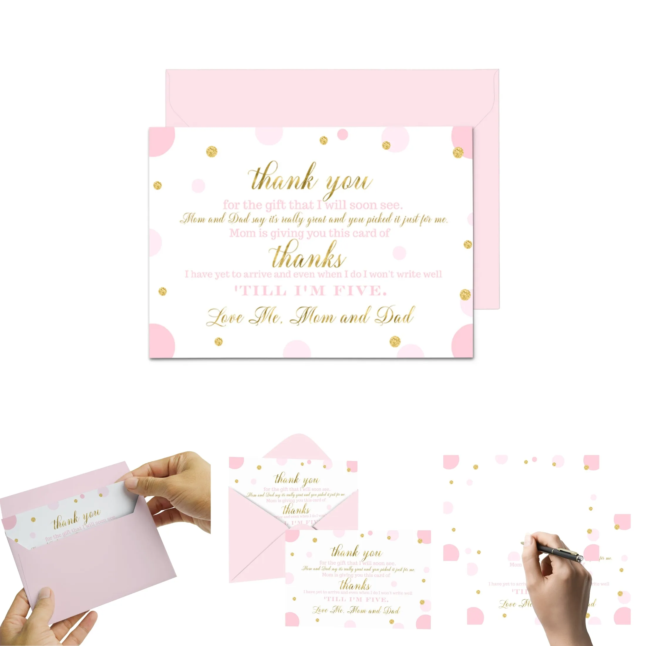 Pink and Gold Girls Baby Shower Thank You Cards - 15 Pack Luxurious Notecards, 4x6