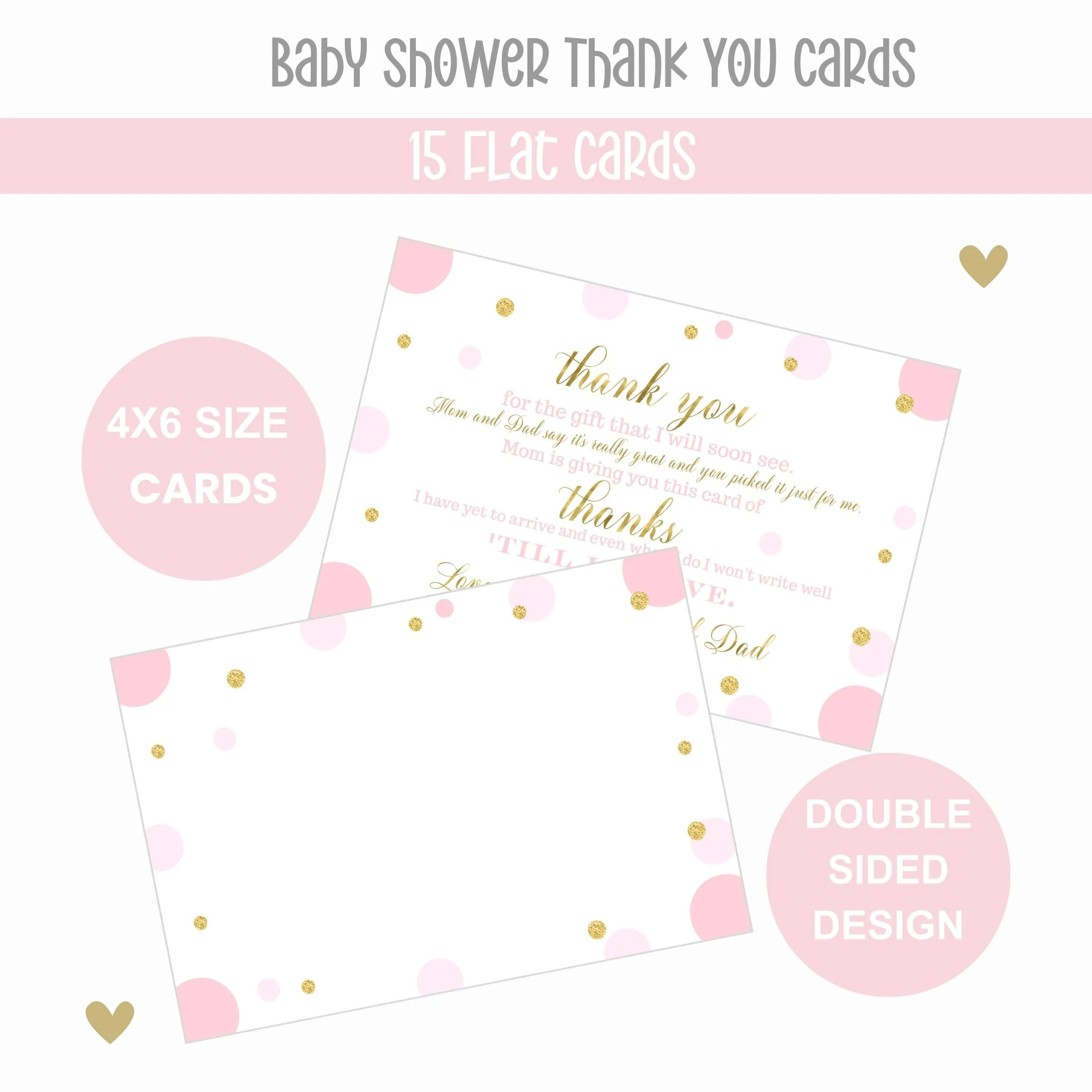 Pink and Gold Girls Baby Shower Thank You Cards - 15 Pack Luxurious Notecards, 4x6