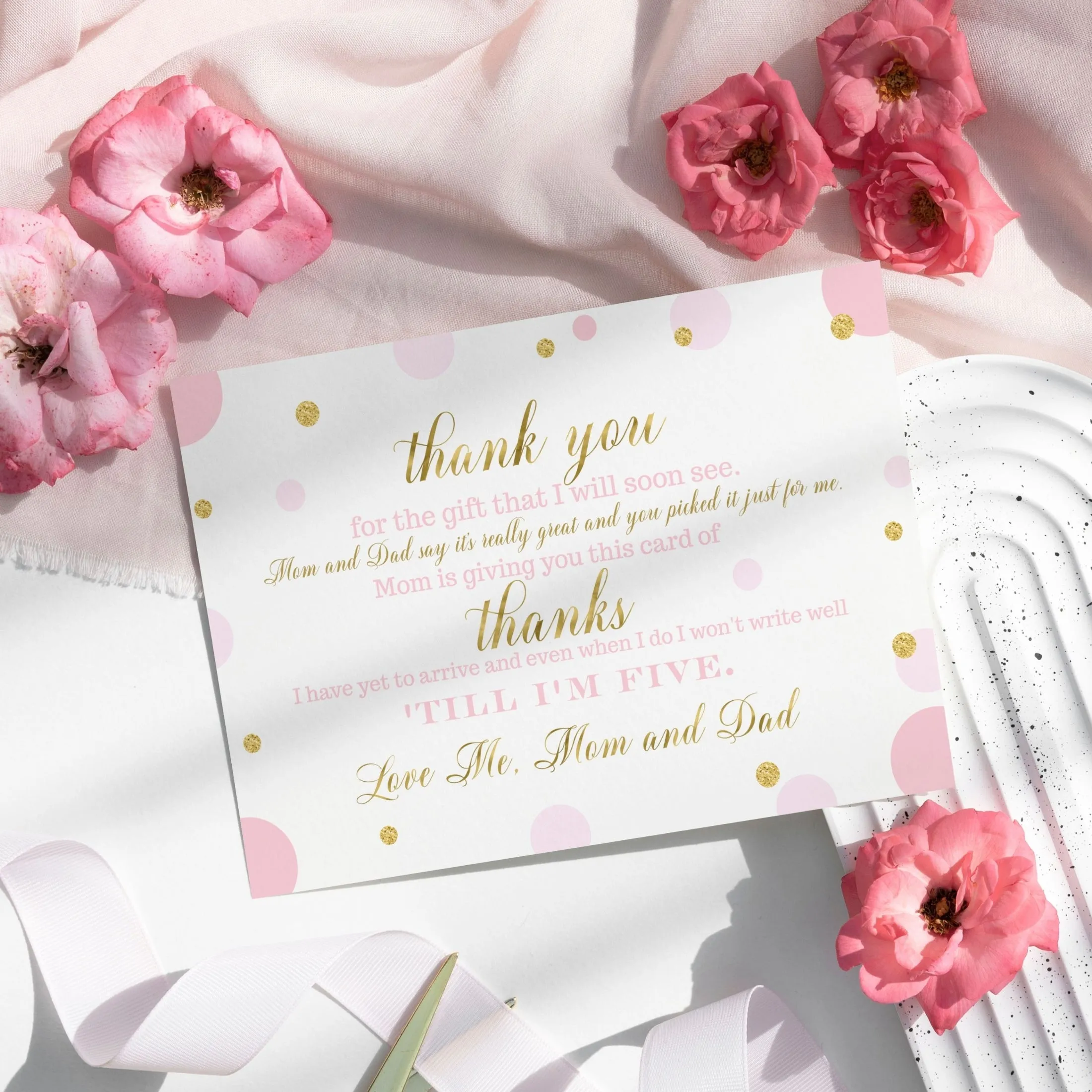 Pink and Gold Girls Baby Shower Thank You Cards - 15 Pack Luxurious Notecards, 4x6