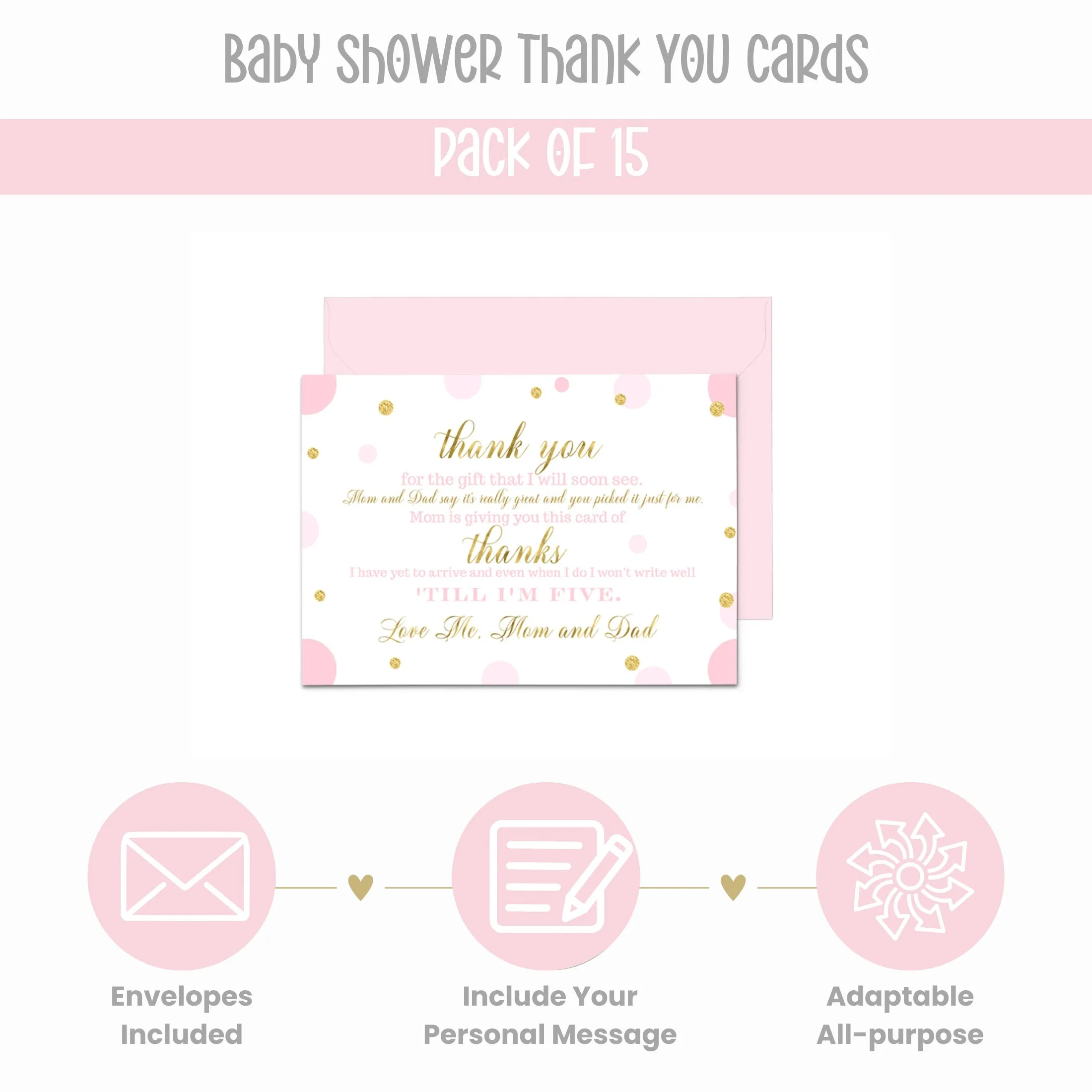 Pink and Gold Girls Baby Shower Thank You Cards - 15 Pack Luxurious Notecards, 4x6