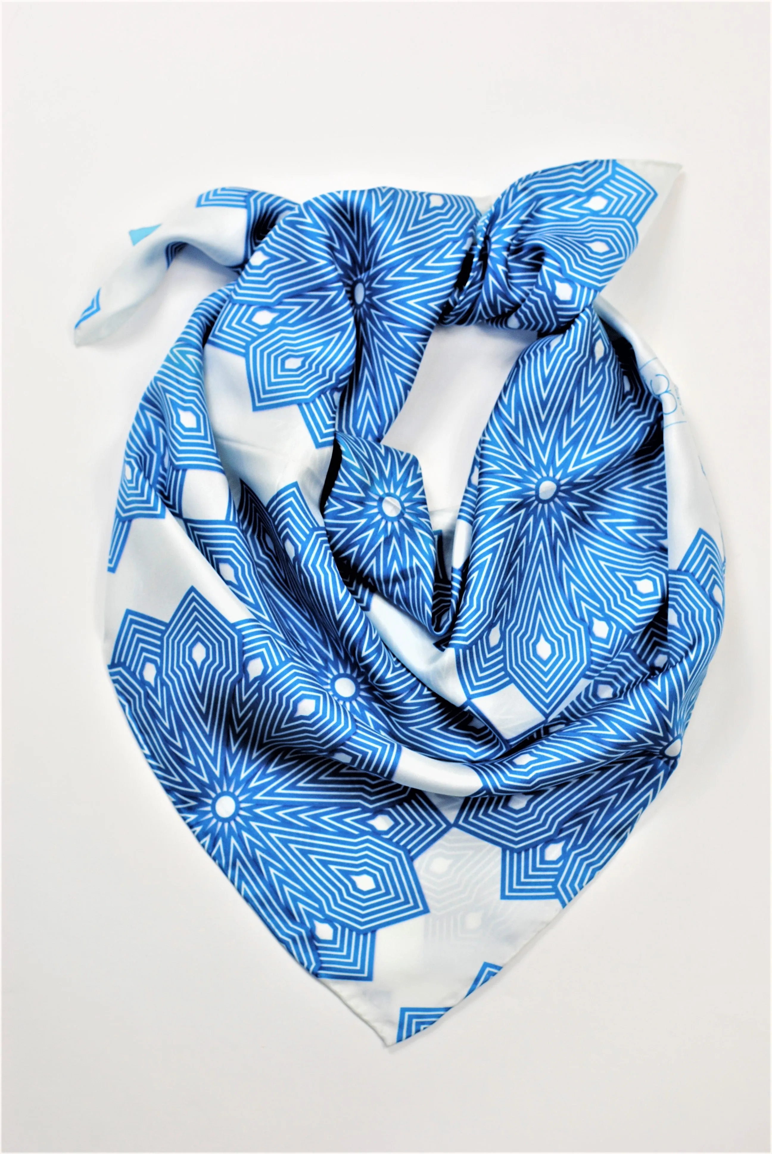 SNOWFLAKES Mandala 100% Silk Square Scarf in Blue White