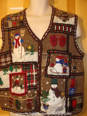 Tacky Ugly Christmas Sweater Vest Crafty Plaids and Stitching with Snowmen (f405)