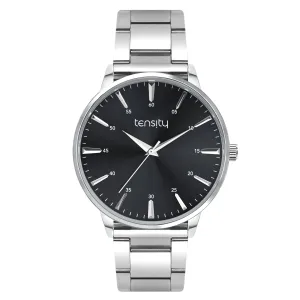 Tensity Stainless Steel Round Black Dial Silver Band Watch