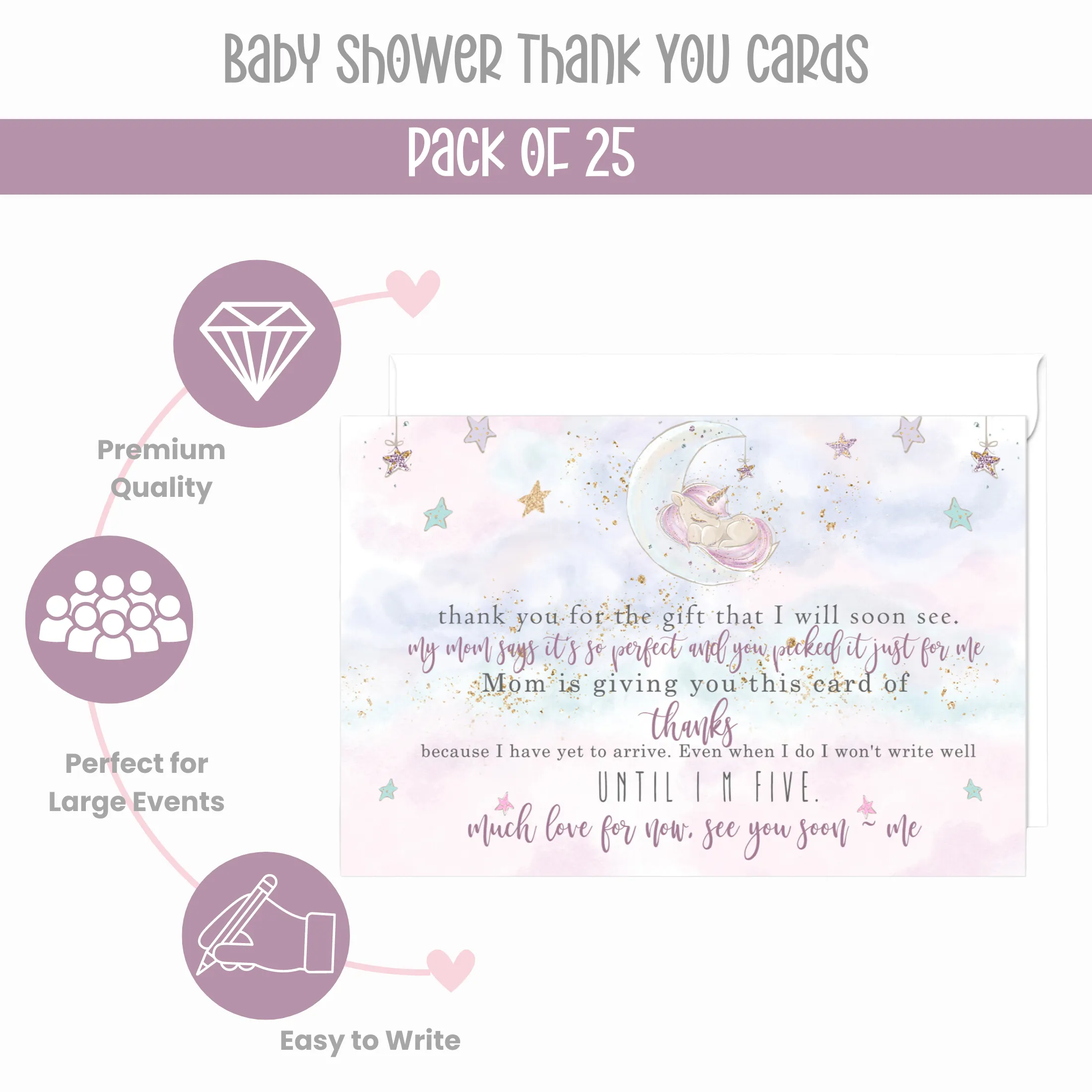 Unicorn Thank You Cards for Baby Girls – Personalized Notecards (Pack of 25)