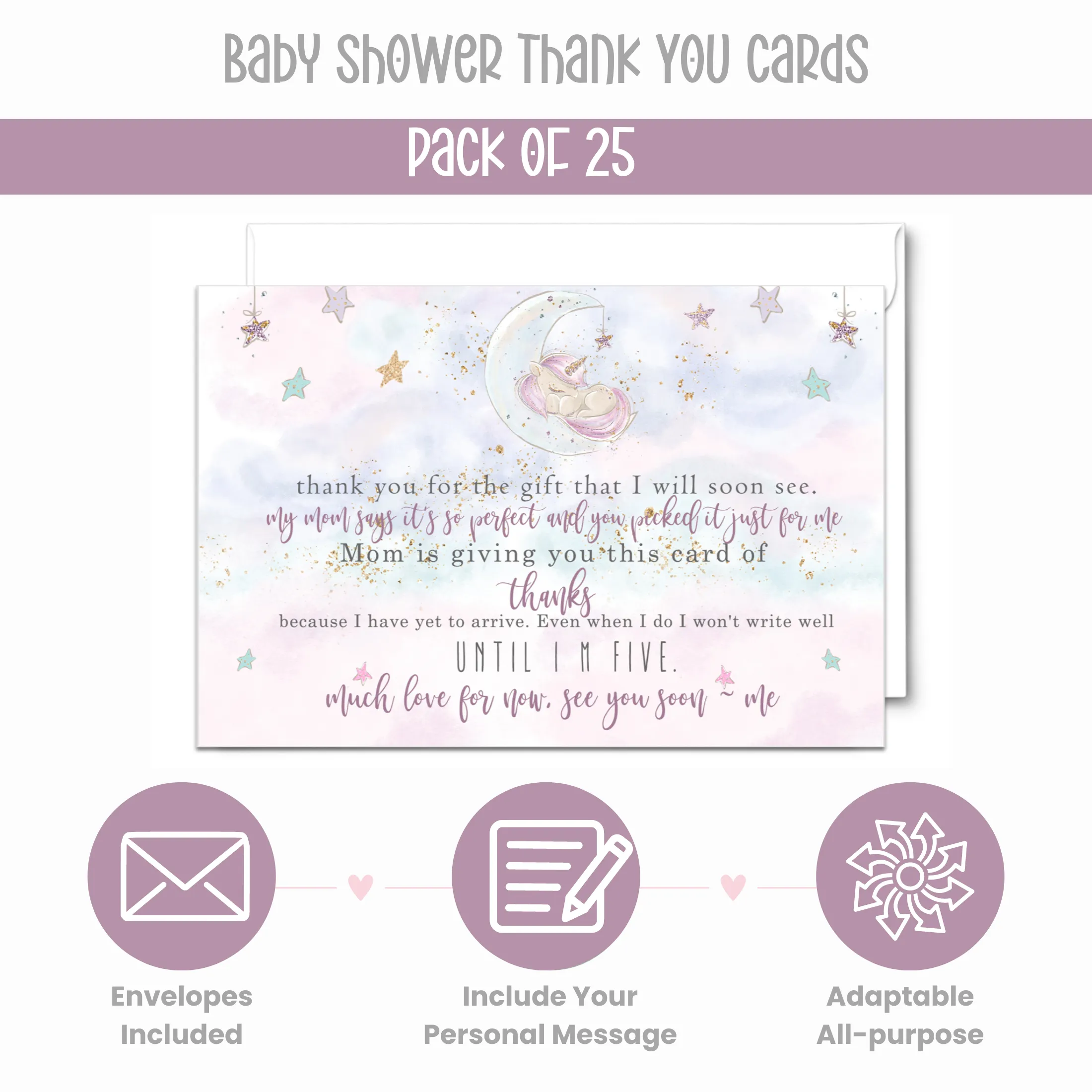 Unicorn Thank You Cards for Baby Girls – Personalized Notecards (Pack of 25)