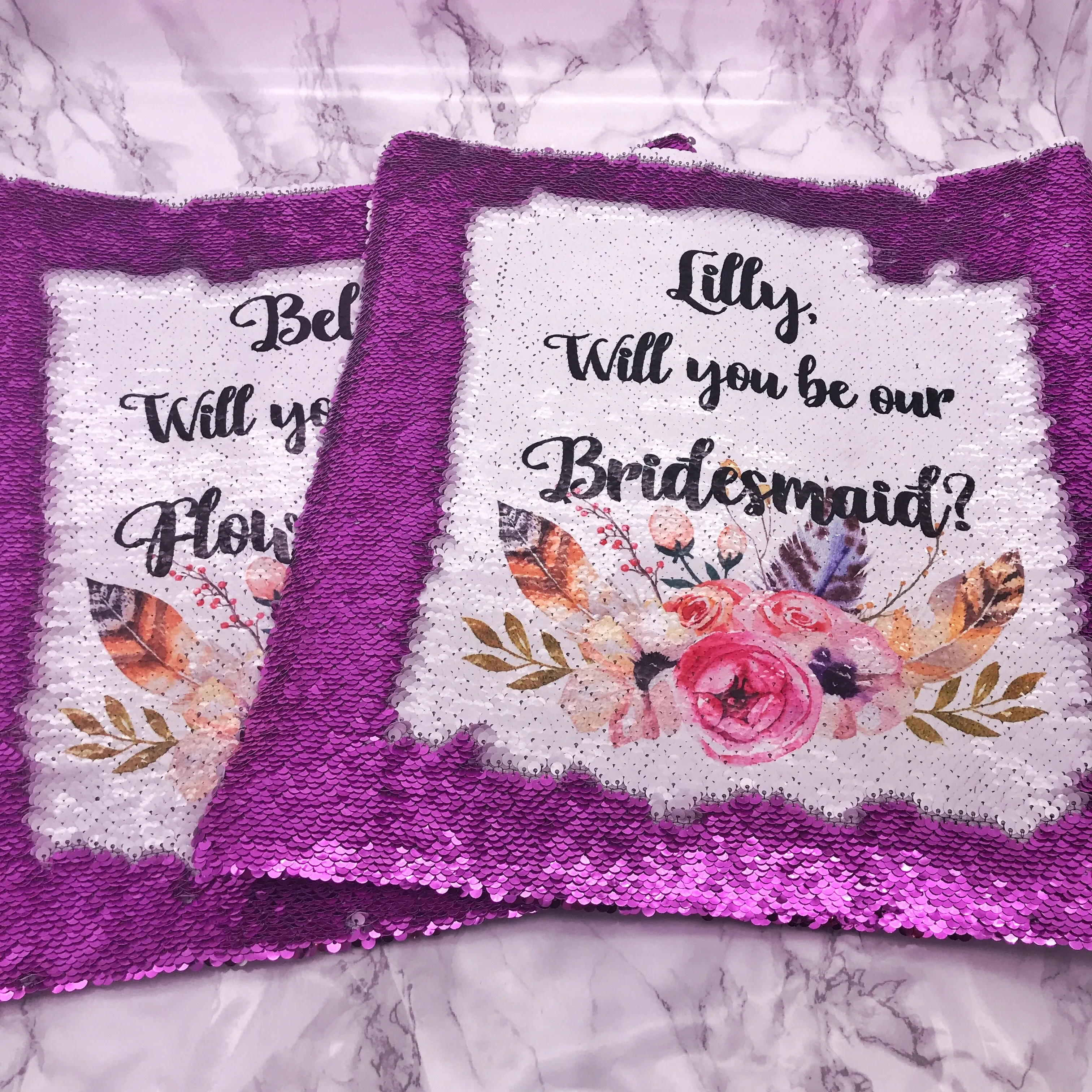 Will you be my Bridesmaid, Maid of Honour, Flower Girl Sequin Reveal Hidden Message Wedding Cushion