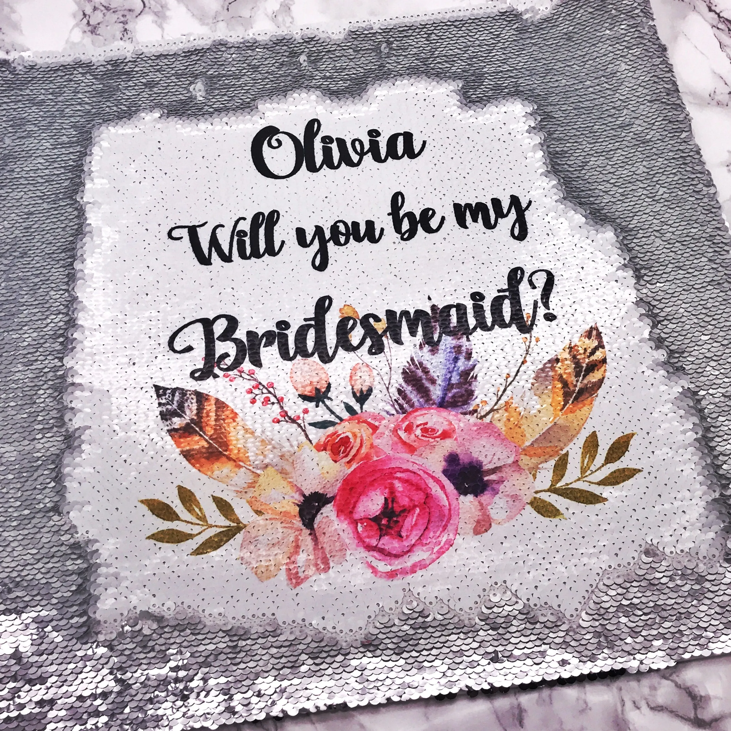 Will you be my Bridesmaid, Maid of Honour, Flower Girl Sequin Reveal Hidden Message Wedding Cushion