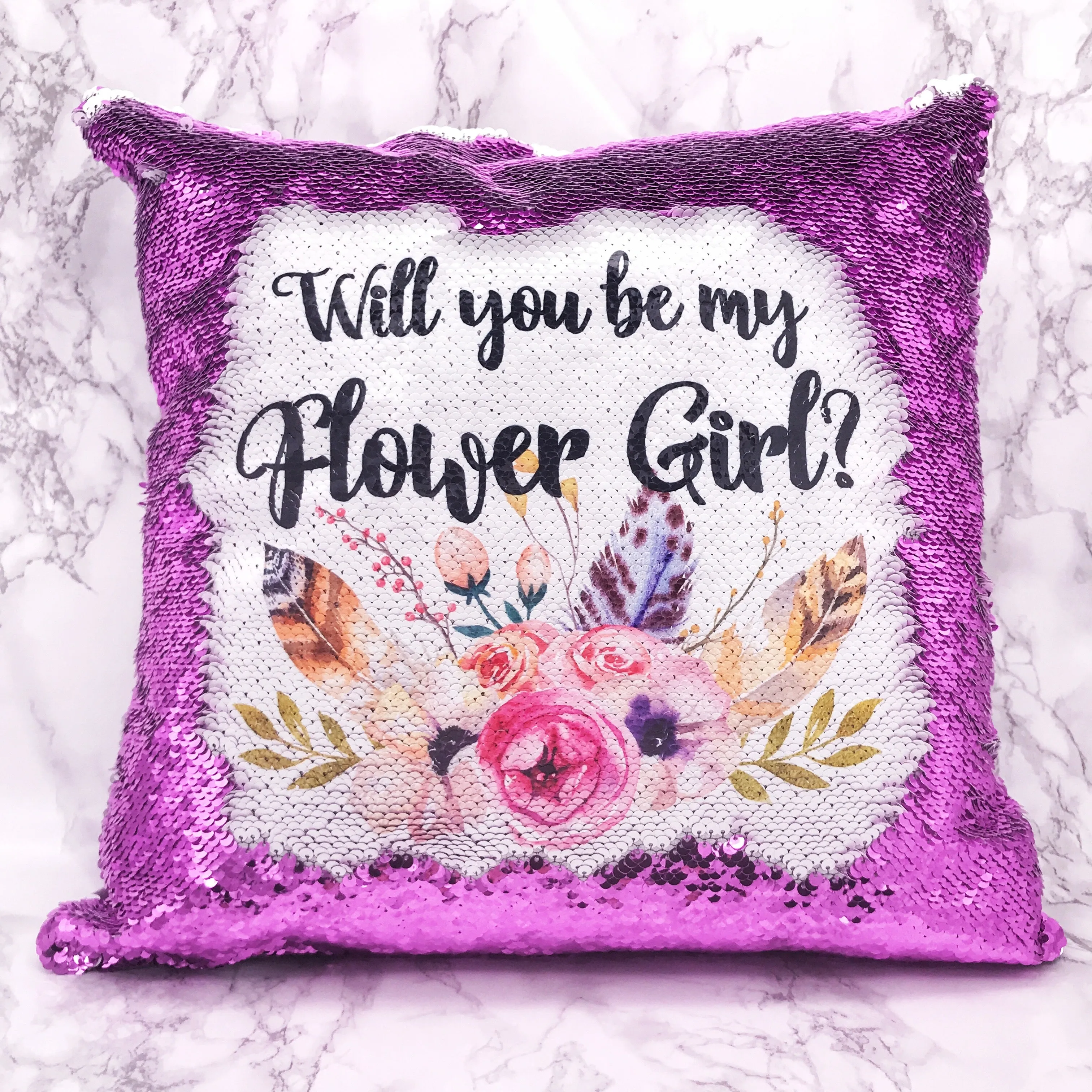 Will you be my Bridesmaid, Maid of Honour, Flower Girl Sequin Reveal Hidden Message Wedding Cushion