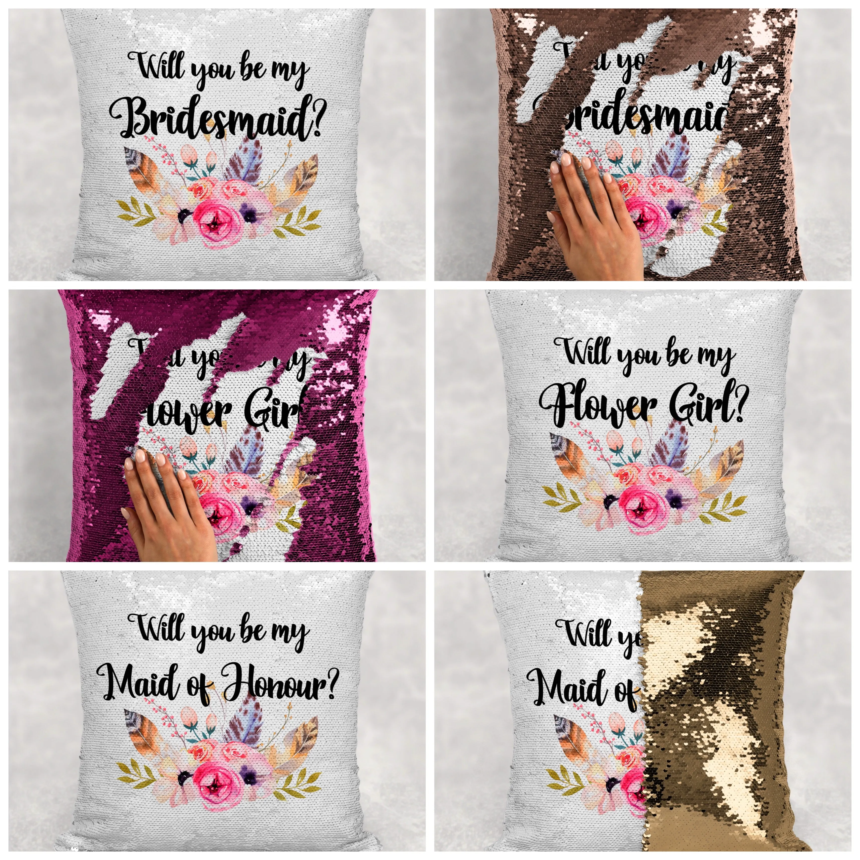 Will you be my Bridesmaid, Maid of Honour, Flower Girl Sequin Reveal Hidden Message Wedding Cushion