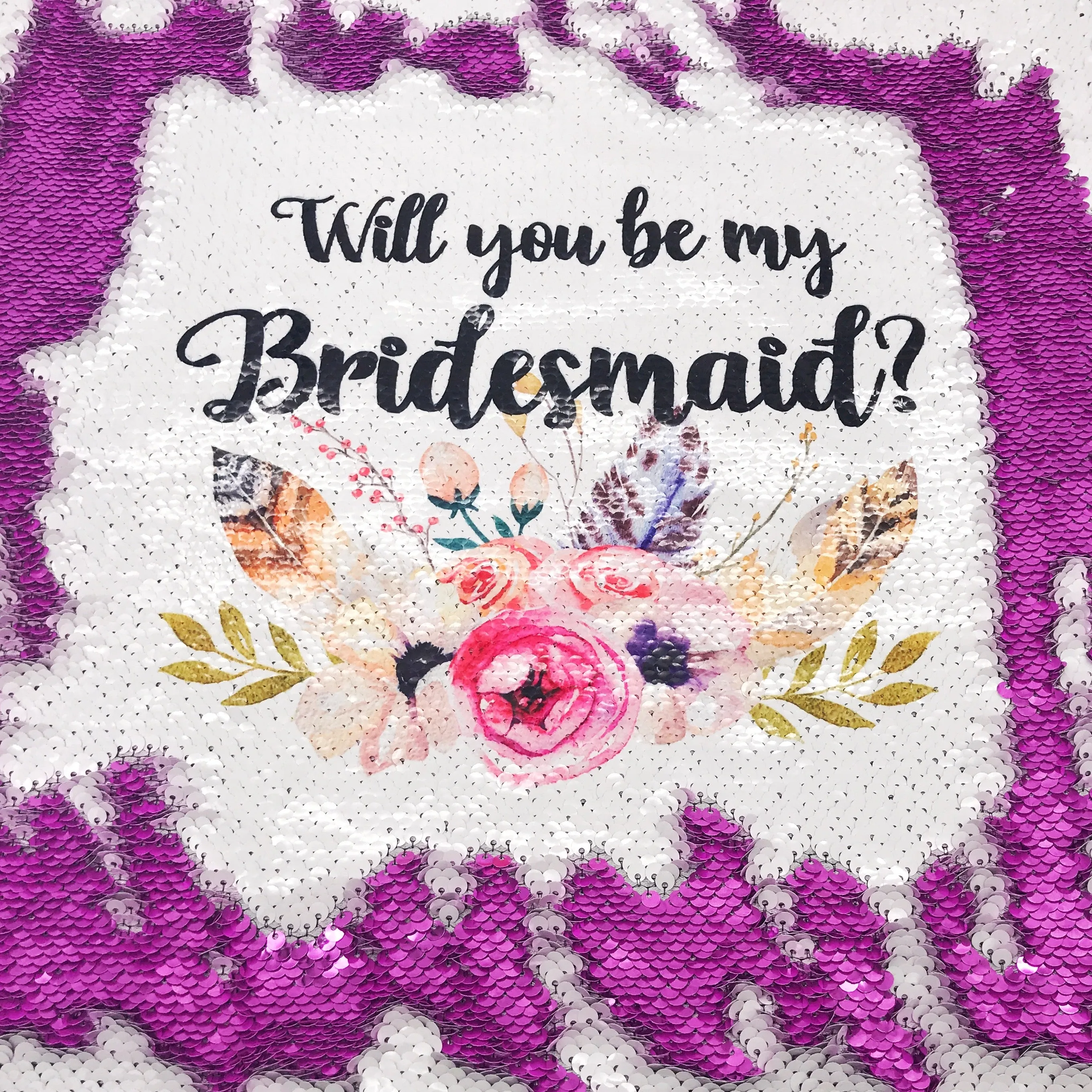 Will you be my Bridesmaid, Maid of Honour, Flower Girl Sequin Reveal Hidden Message Wedding Cushion