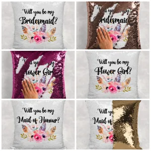 Will you be my Bridesmaid, Maid of Honour, Flower Girl Sequin Reveal Hidden Message Wedding Cushion