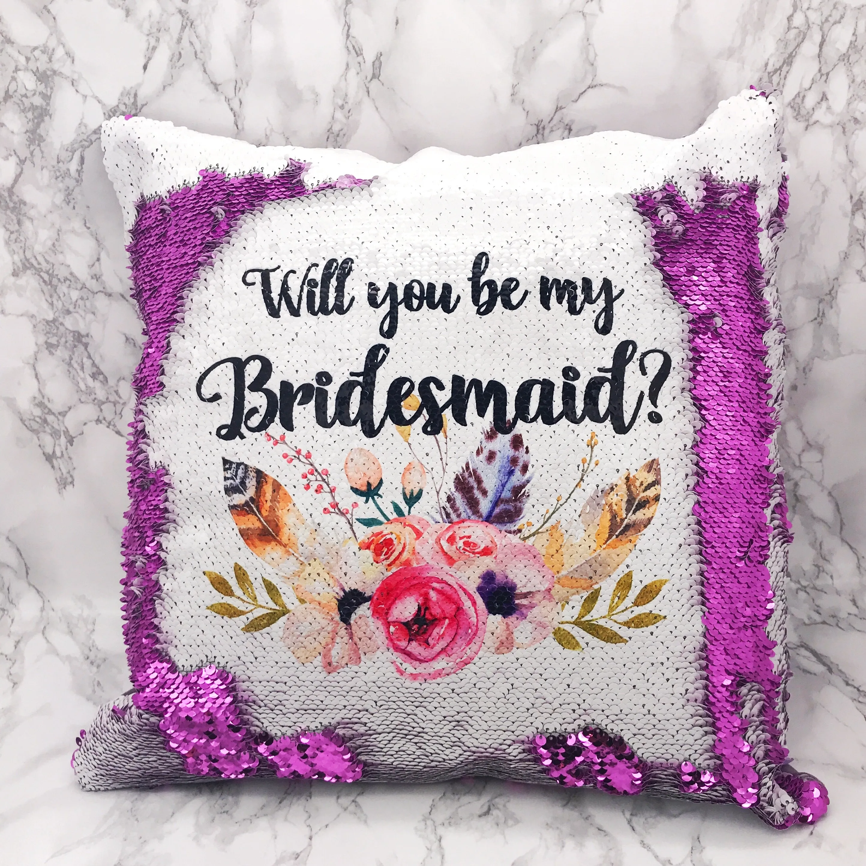 Will you be my Bridesmaid, Maid of Honour, Flower Girl Sequin Reveal Hidden Message Wedding Cushion