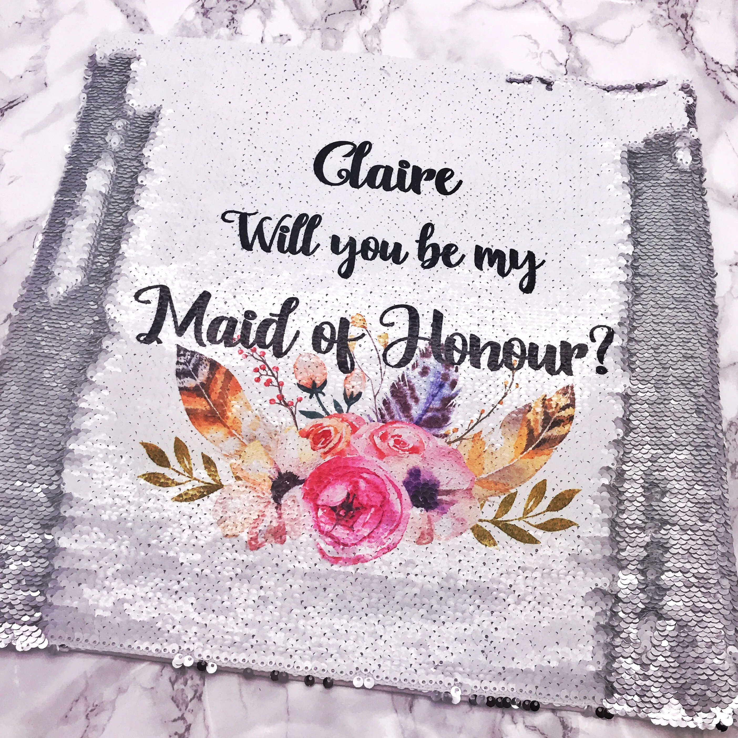 Will you be my Bridesmaid, Maid of Honour, Flower Girl Sequin Reveal Hidden Message Wedding Cushion