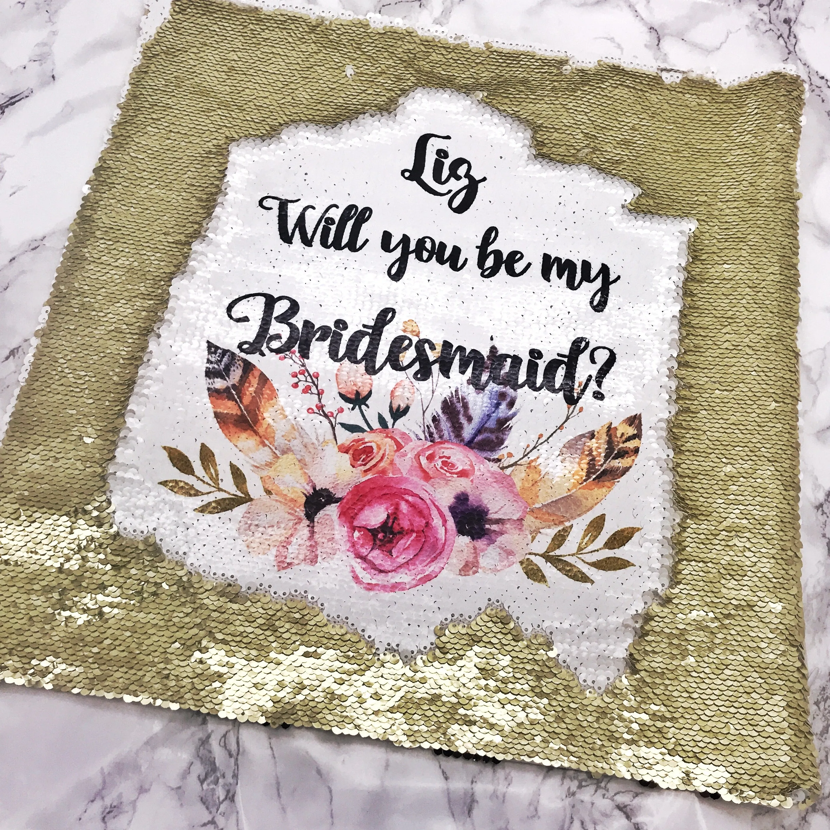 Will you be my Bridesmaid, Maid of Honour, Flower Girl Sequin Reveal Hidden Message Wedding Cushion