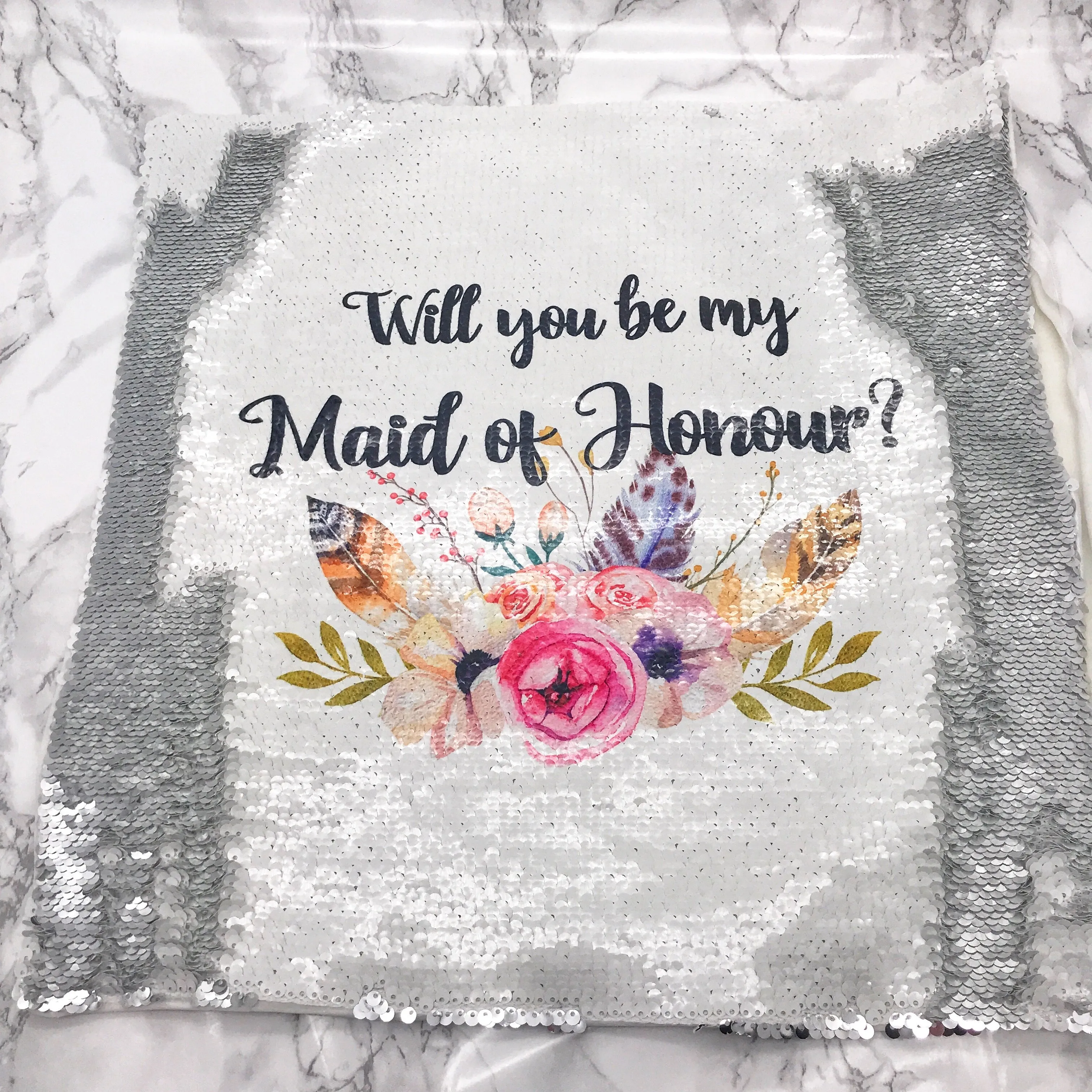 Will you be my Bridesmaid, Maid of Honour, Flower Girl Sequin Reveal Hidden Message Wedding Cushion