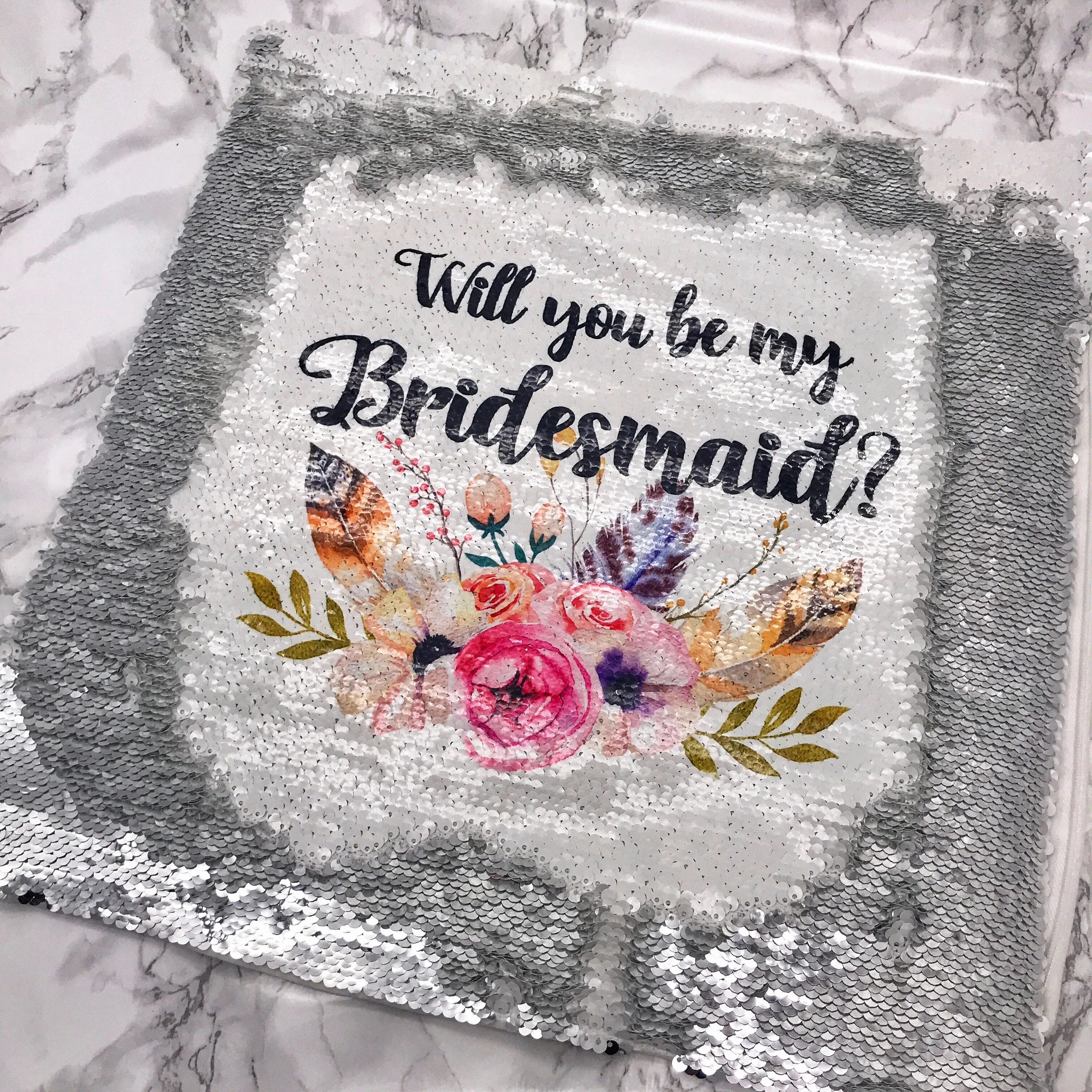 Will you be my Bridesmaid, Maid of Honour, Flower Girl Sequin Reveal Hidden Message Wedding Cushion